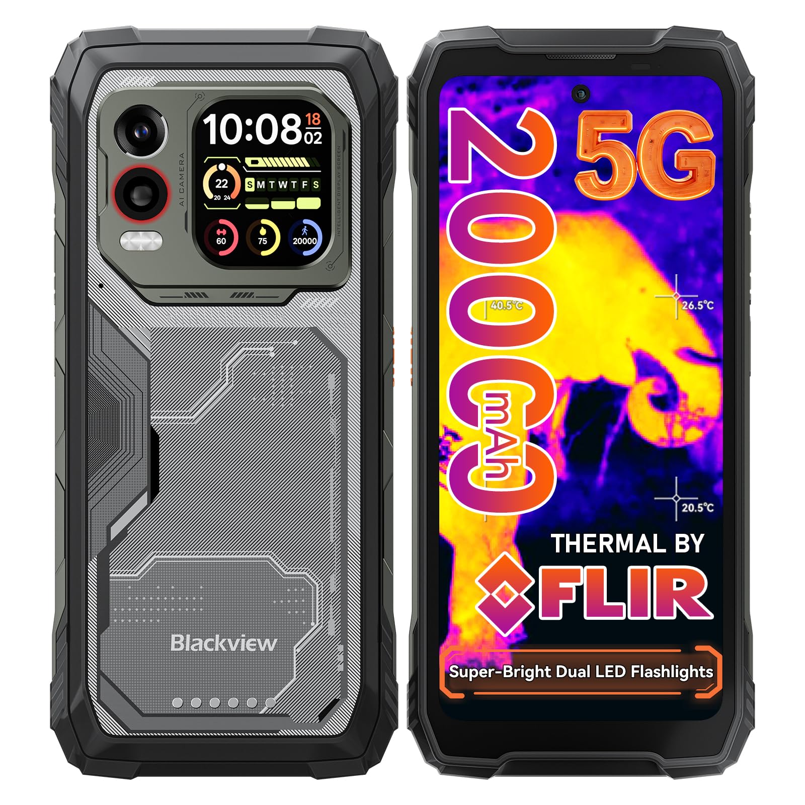 Blackview XPLORE 1 Pro AI 5G Rugged Phone Android 15(FLIR Thermal Imaging), 20000mAh 55W 36GB +256GB Rugged Smartphone Unlocked, 6.78" 2.4K 120Hz 64MP