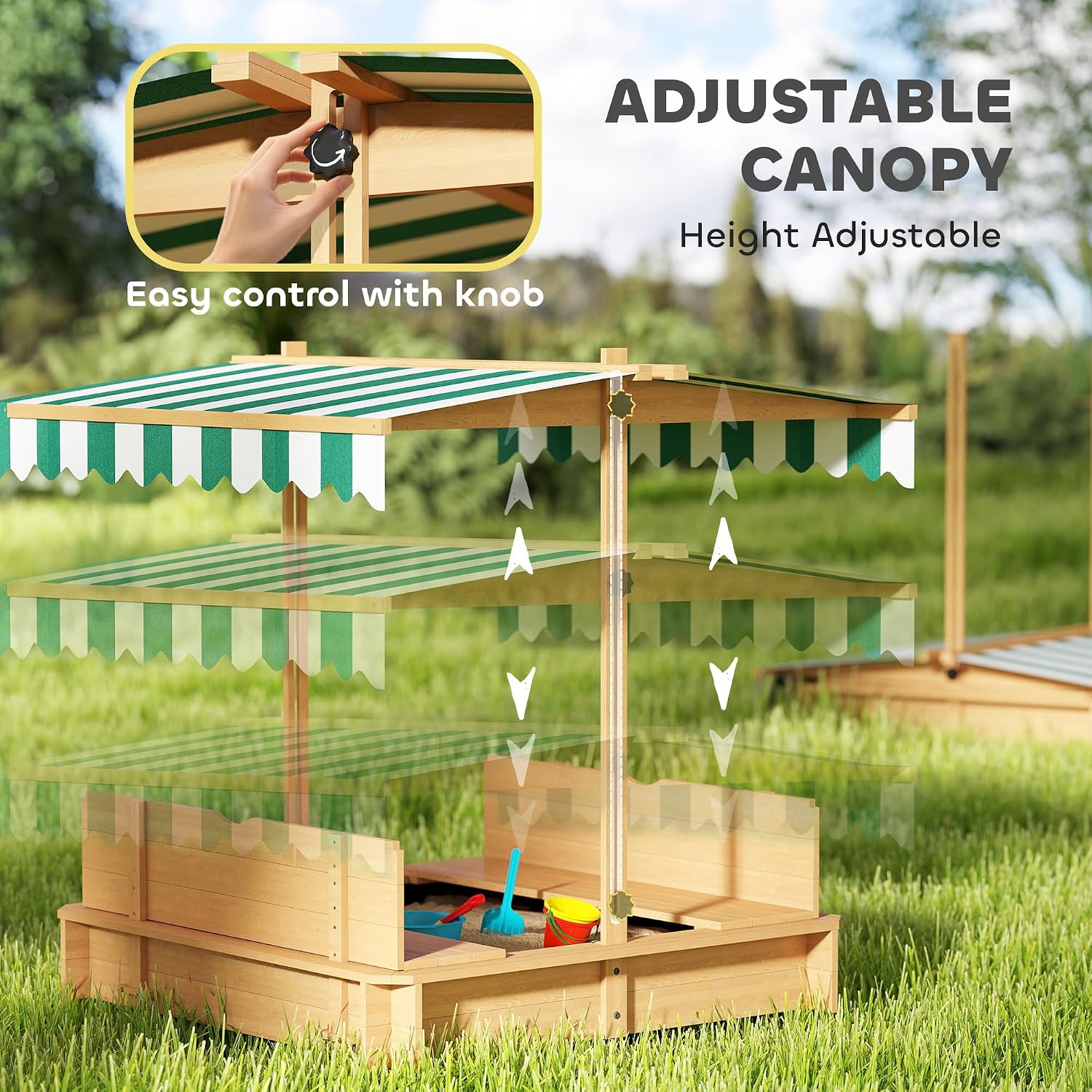 Outsunny Wooden Sandbox with Lid, Kids Sandbox with Canopy Outdoor, Sand Box with Foldable Bench Seats and Sand Protection, Bottom Liner Included, Kids Gift for Aged 3-7, 47X47 in, Brown
