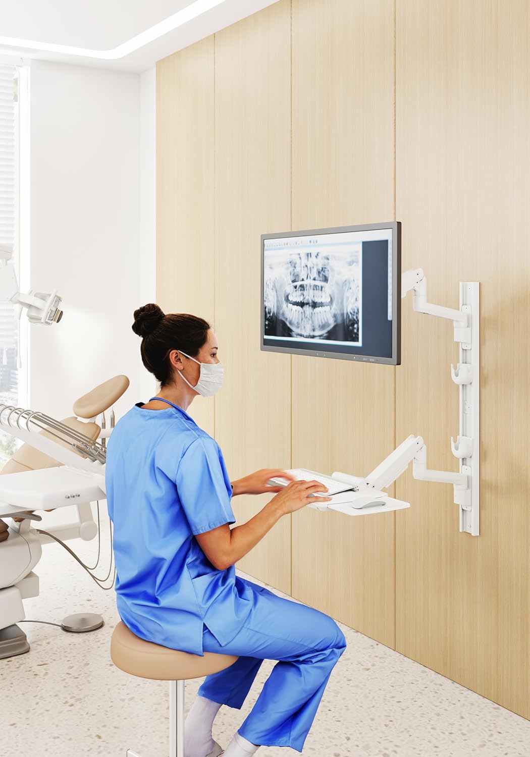 Mount Plus MED10 Medical Monitor Wall Mount with Folding Keyboard Tray and Mouse Pad | Scanner Holder | Heavy Duty Height Adjustment Folding Design for 17"-49" Monitor On Wall Track Up to 44 lbs
