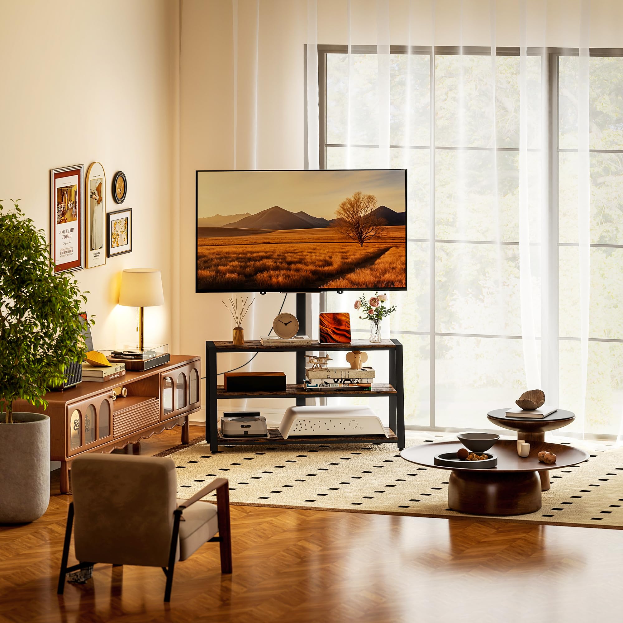 HOMCOM Meuble TV avec Support orientable 35°, Meuble télé pour téléviseurs de 32-70 Pouces, étagères Ouvertes, Banc TV Industriel pour Salon Chambre à Coucher, 108x41x135cm, Marron