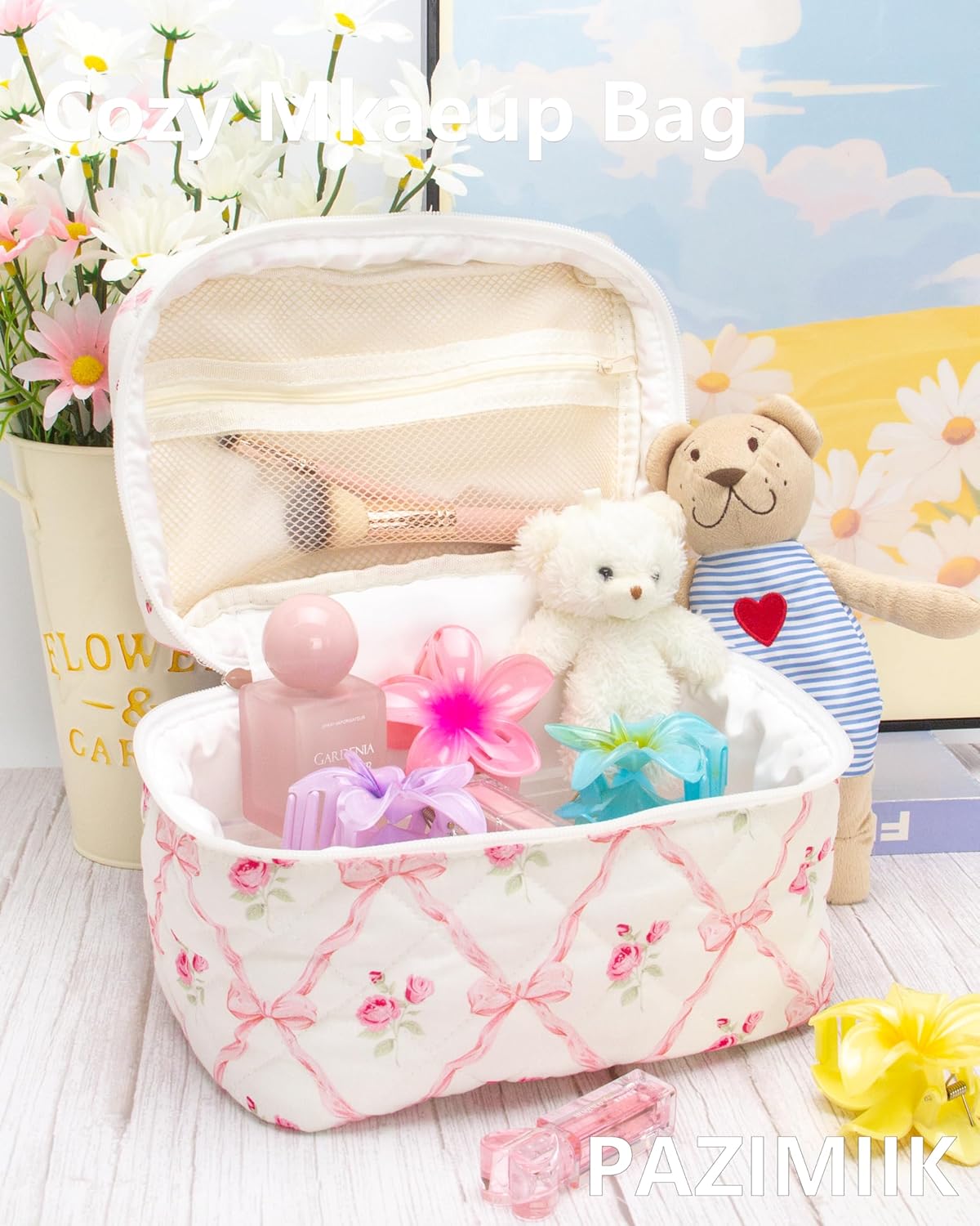 PAZIMIIK 3PCS Makeup Bag SET Large Travel Quilted Zipper Soft Cosmetic Case Pouch for Women Girls Make Up,Bow Rose - Image 4