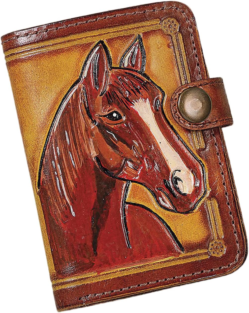 PGI Traders Tooled Genuine Leather Horse Wallet | Multi Card and Cash Holder | Hand-Painted | Equestrian Gift | Fold Over Button-Snap Closure | 4.75” x 3”