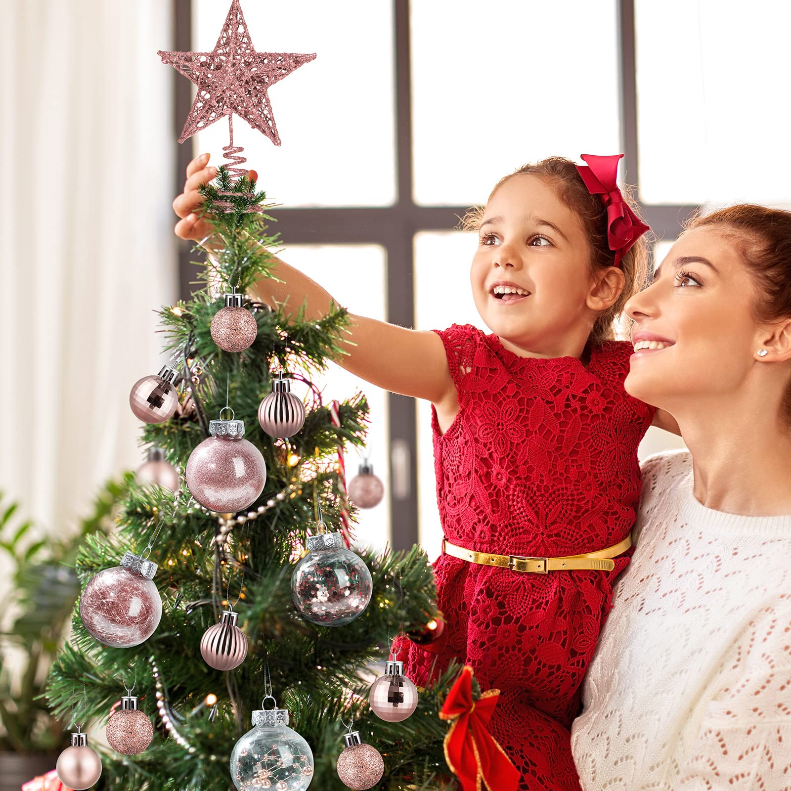 Juego de adornos de bolas de Navidad inastillables, bolas de árbol de plástico, bolas transparentes para árbol de cumpleaños, día festivo, decoración interior y exterior (oro rosa, 49 piezas)