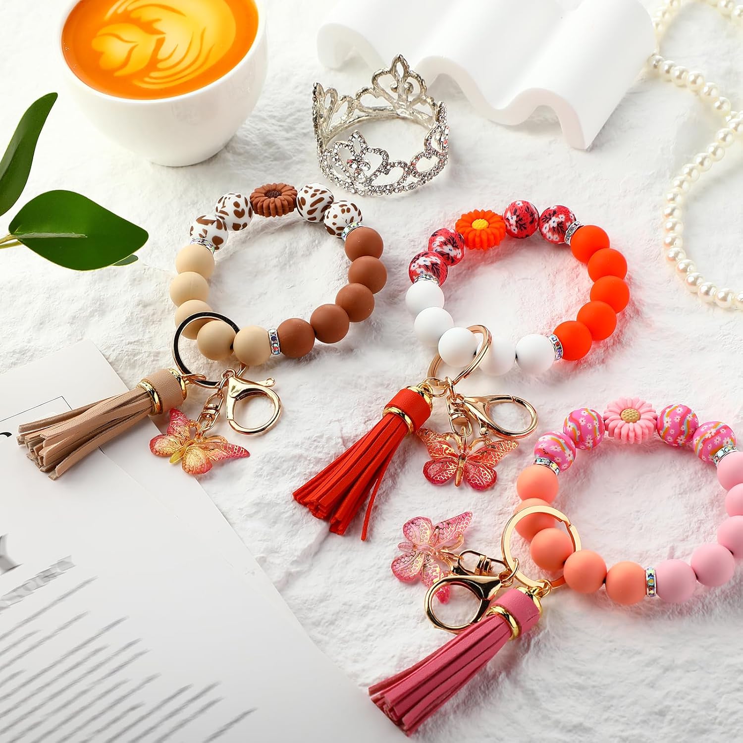 Cute Silicone Beaded Keychain,Key Chain Holder for Car Keys Women Girl,Daisy Silicone Key Wristlet Resin Butterfly - Image 3