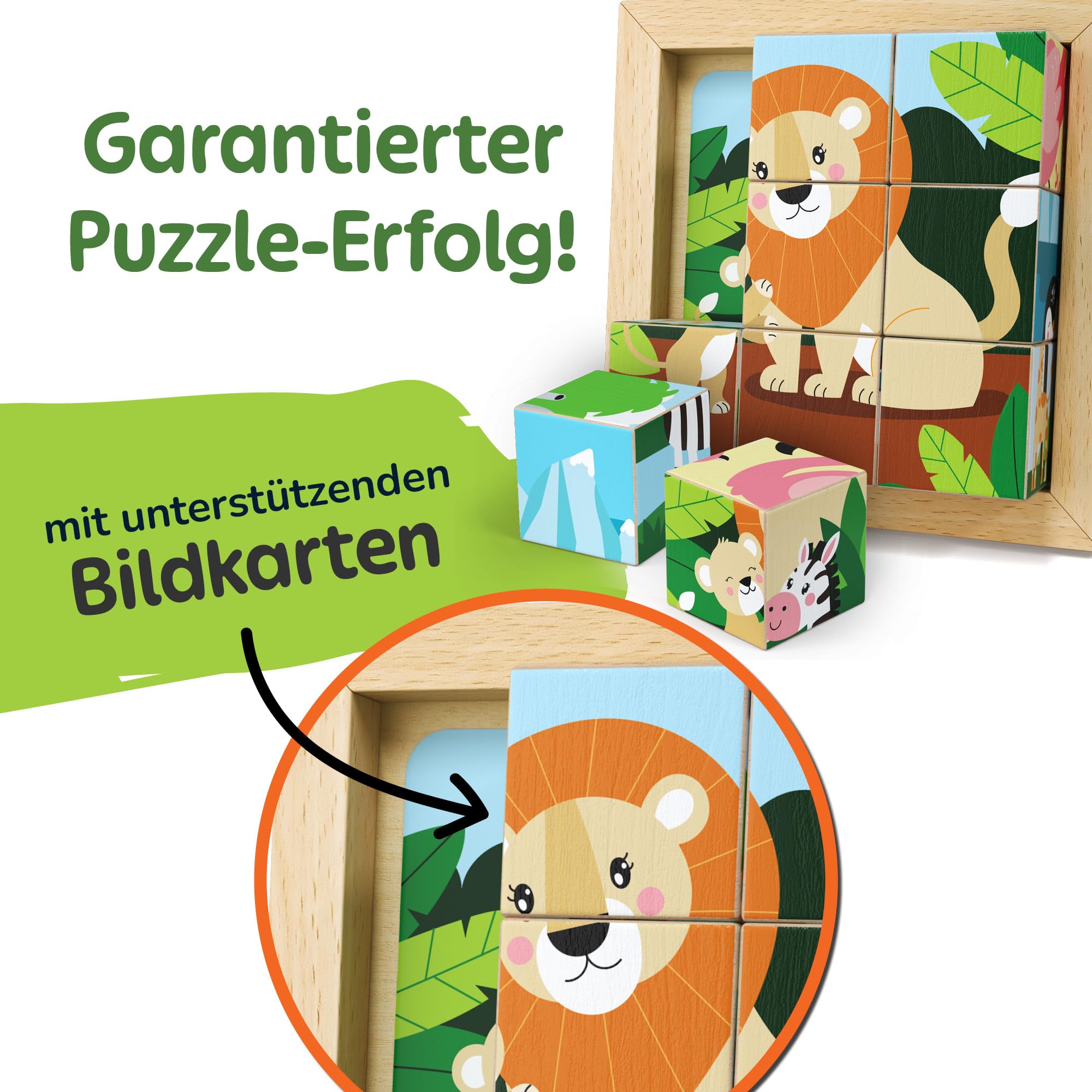 Merle Toys® 6-in-1 Würfelpuzzle ab 2 Jahre, 100% FSC-Buchenholz, Würfelpuzzle ab 3 Jahre, Bilderwürfel Holzpuzzle ab 2 Jahre, 4,5 cm große Würfel, Puzzle mit abgerundeten Ecken und Bildvorlagen, Löwe