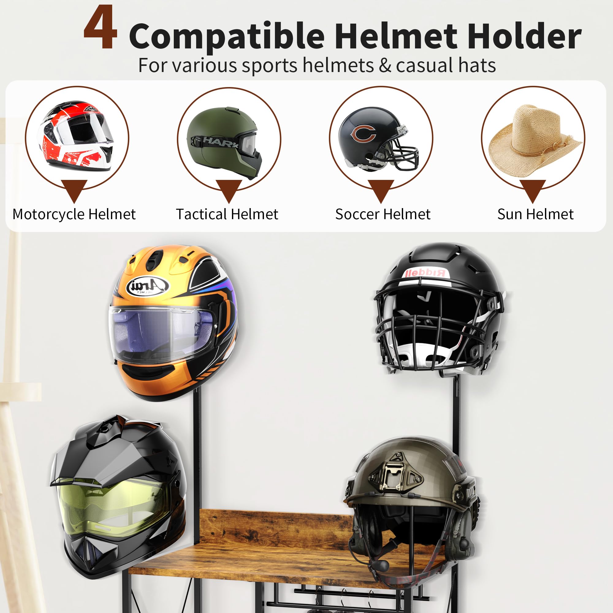 Porte-équipement de moto à 4 niveaux sur pied, grand support de casque de moto, rangement d'équipement et de casque de moto pour accessoires de moto (noir)