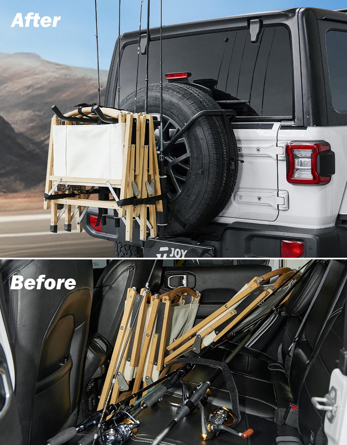 Amazon.com: JOYTUTUS Fishing Rod Holder & Beach Chair Rack Fit 31.5- 32.5  Diameter & 8.5- 9.6 Width Spare Tire for Capacity 5-Rod Fishing Pole and  4 Chair, No Remove Tire for Wrangler
