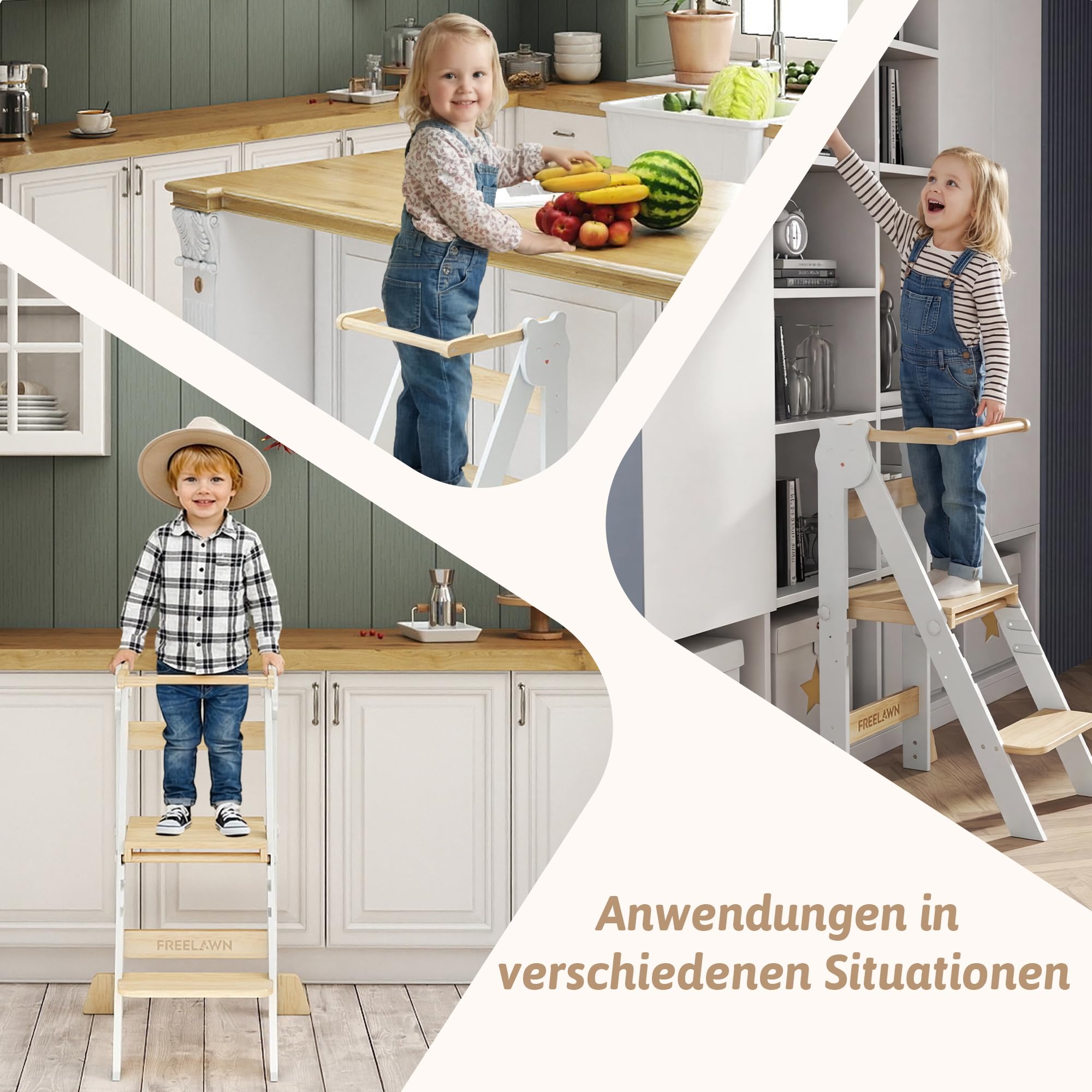 Lernturm Klappbar & 3-Fach Höhenverstellbar - Kippsicherer Learning Tower aus Kiefernholz - Mitwachsender Trittschemel für Kinder (1-5 Jahre) - Stabiler Küchenhelfer & Entdeckerturm (Weiß)