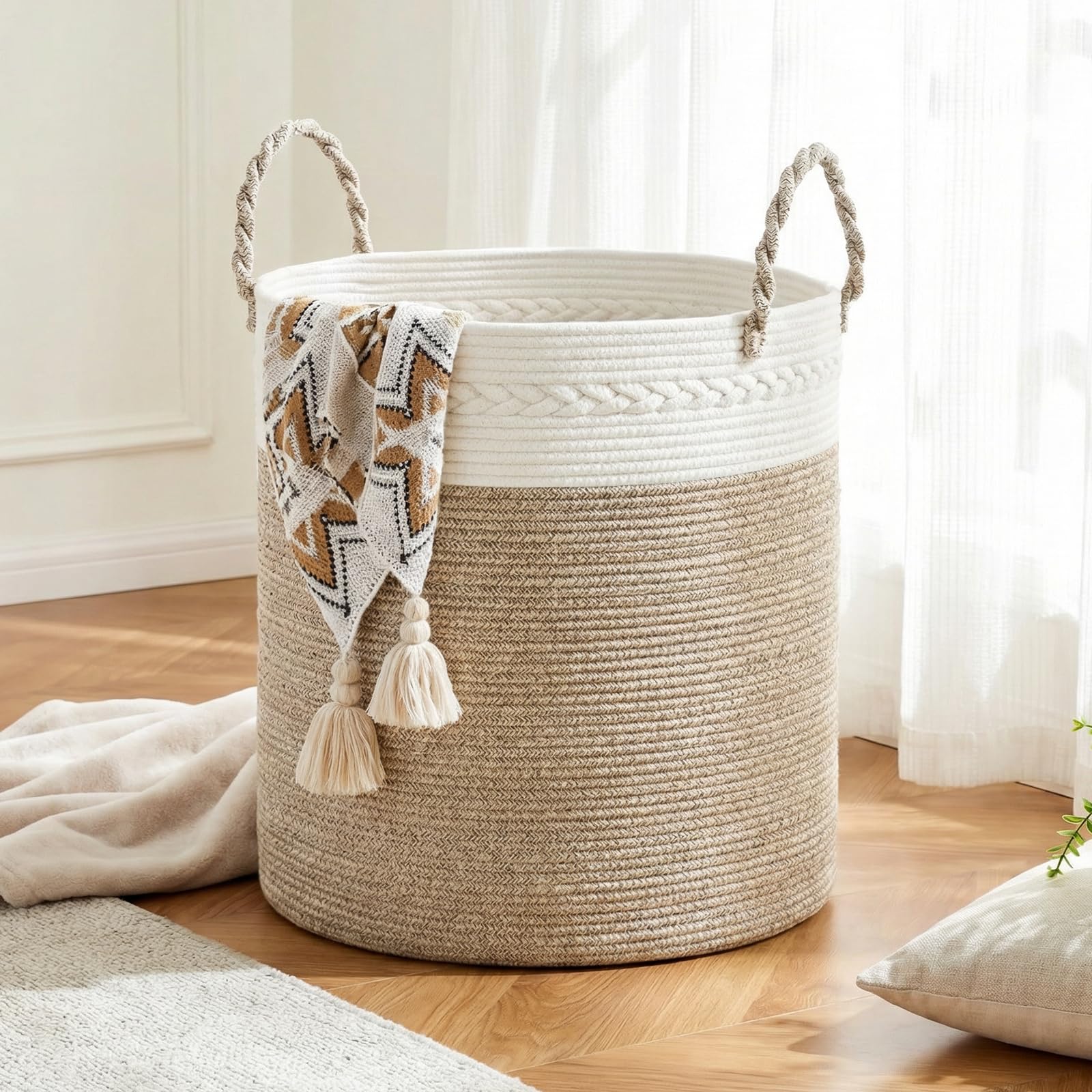 COSYLAND Foldable Woven Cotton Rope Laundry Basket, Large Soft Hamper for Clothes, Blankets & Toys, Decorative Storage Bin for Nursery & Home Organization (Khaki & White, 40Lx40Wx40H)