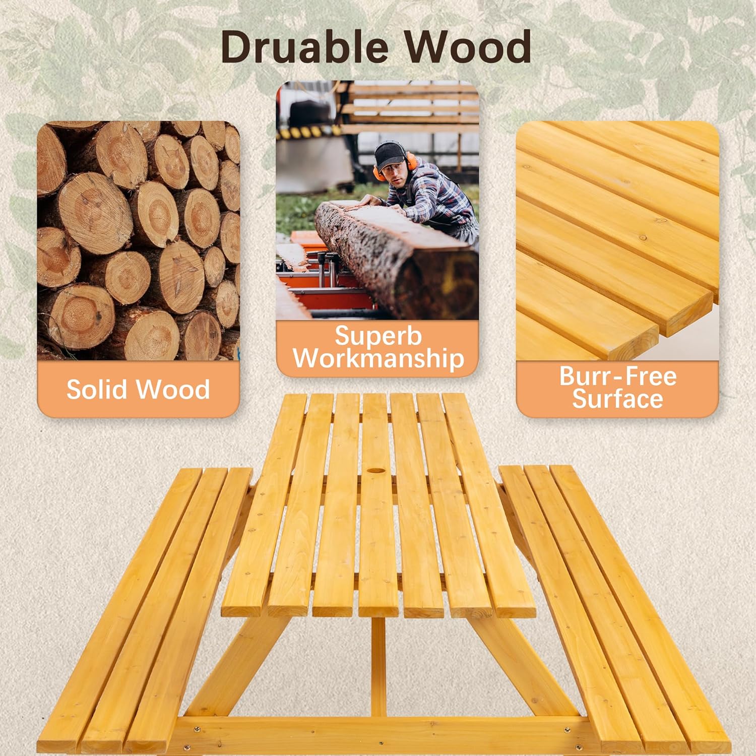 KEIKI 8-Person Wooden Picnic Table, Outdoor Camping Dining Table with 2 Built-in Benches, Patio Table with Umbrella Hole for Backyard, Garden, Camping, 2220lb Capacity, Natural