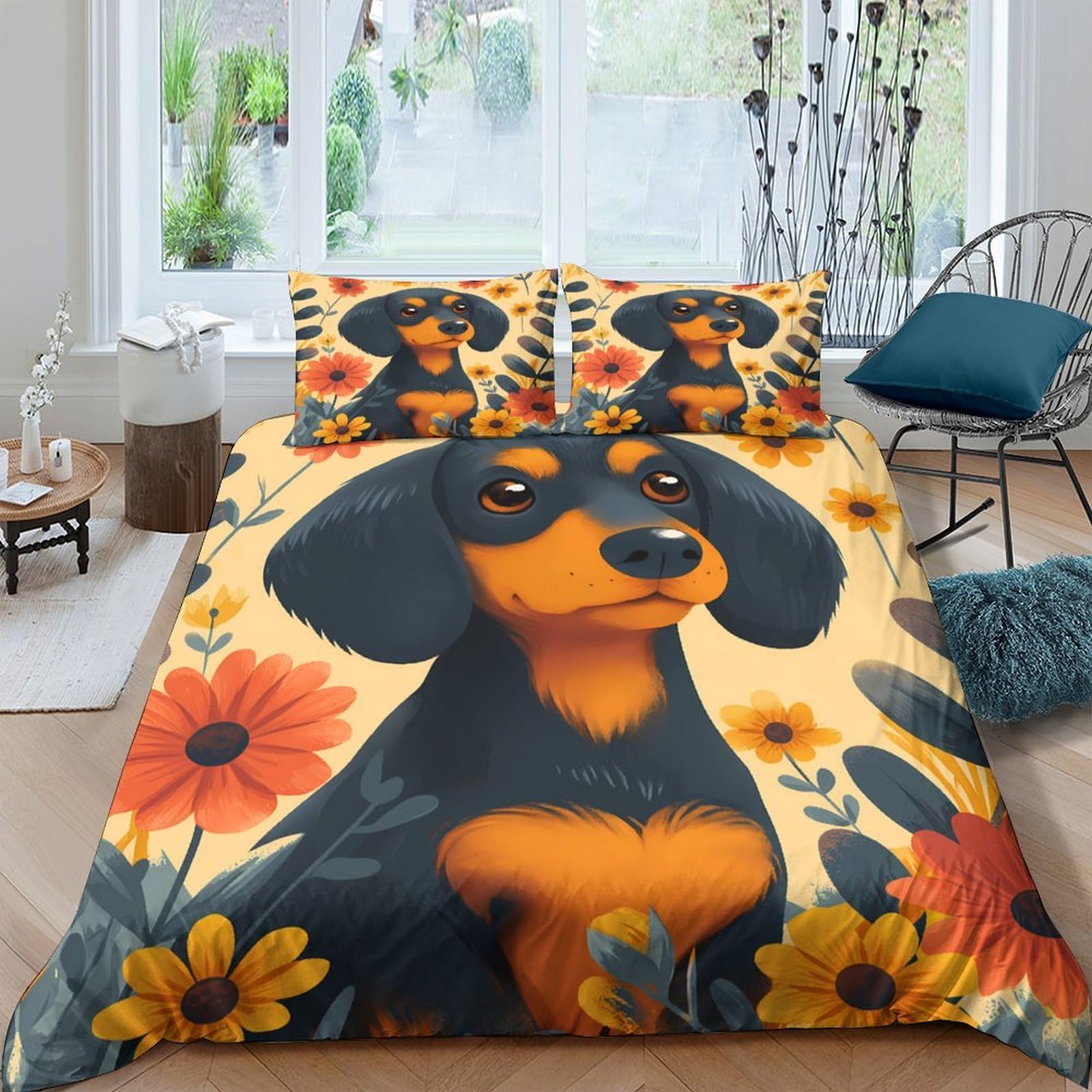 Ctjqhvkz Style-4 3D Printed Dachshund Dog Fitted Sheet Microfiber Orange Floral Mattress Cover For Bedroom Guestroom Decor Washable Single（135X200cm）