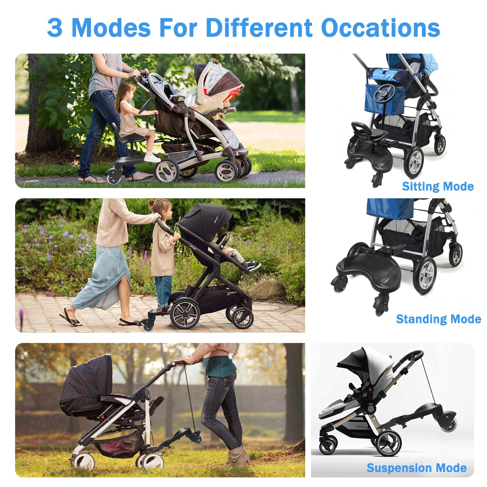 Pedana per passeggino con sedile e volante, pedana universale per tutti i passeggini, girevole a 360°, piattaforma per carretto per bambini da 2 a 6 anni, fino a 50 kg, per famiglie con due bambini