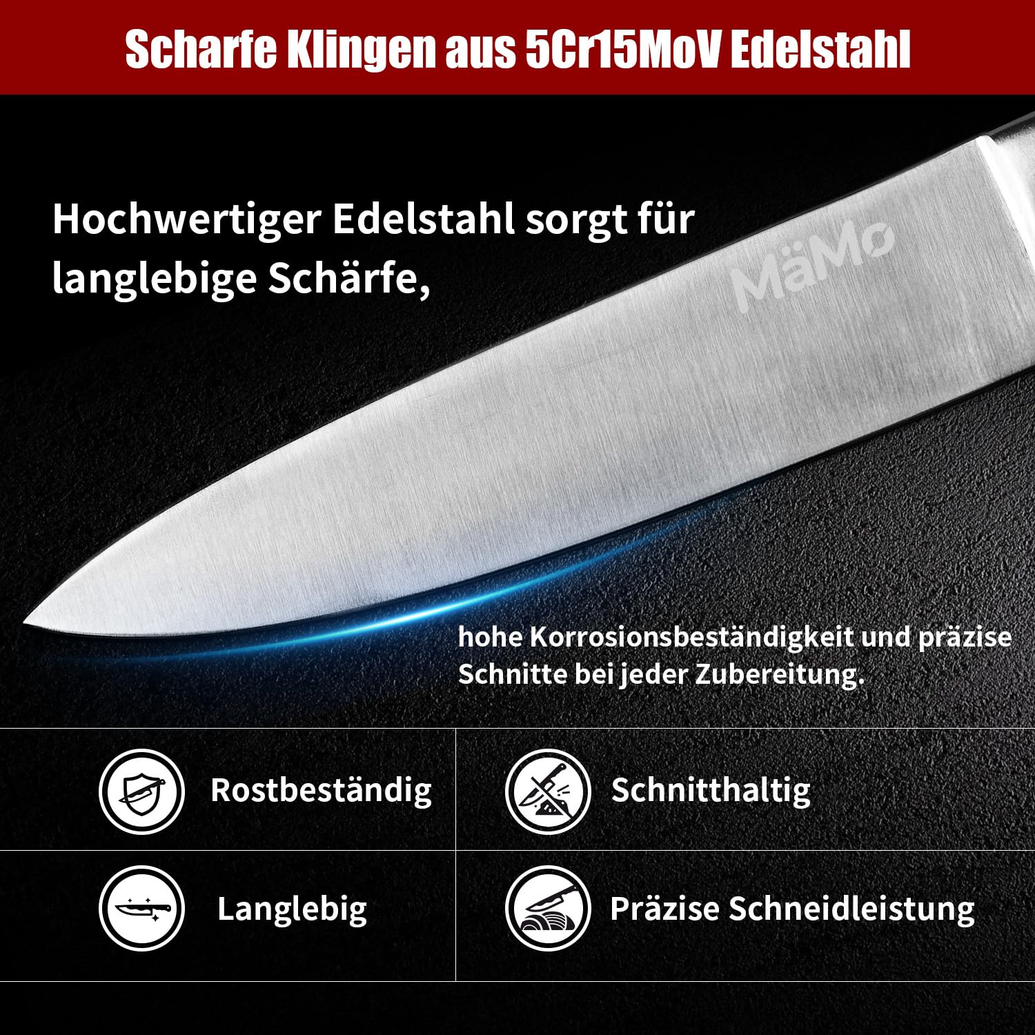 Set di 19 coltelli con ceppo e tagliere in titanio, set di coltelli da cucina professionali in acciaio inox con coltello da cuoco, coltello Santoku, 6 coltelli da bistecca, acciaio affilato, forbici
