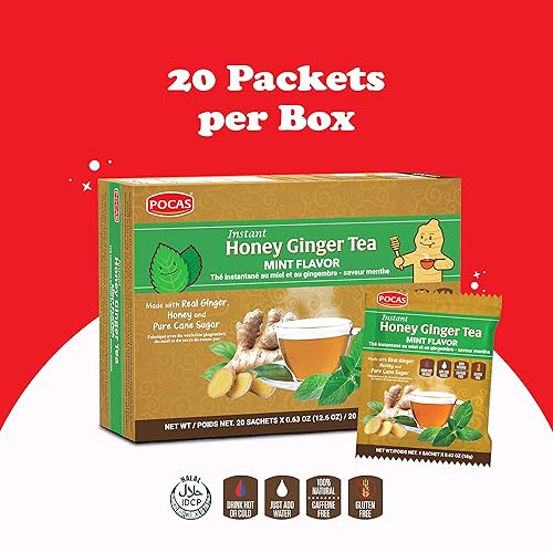 Miniatura 42 de Pocas Honey Ginger - Té instantáneo en polvo, sabor dátil, paquete de 2 unidades, extracto de jengibre y miel real, té sin cafeína, 20 paquetes por