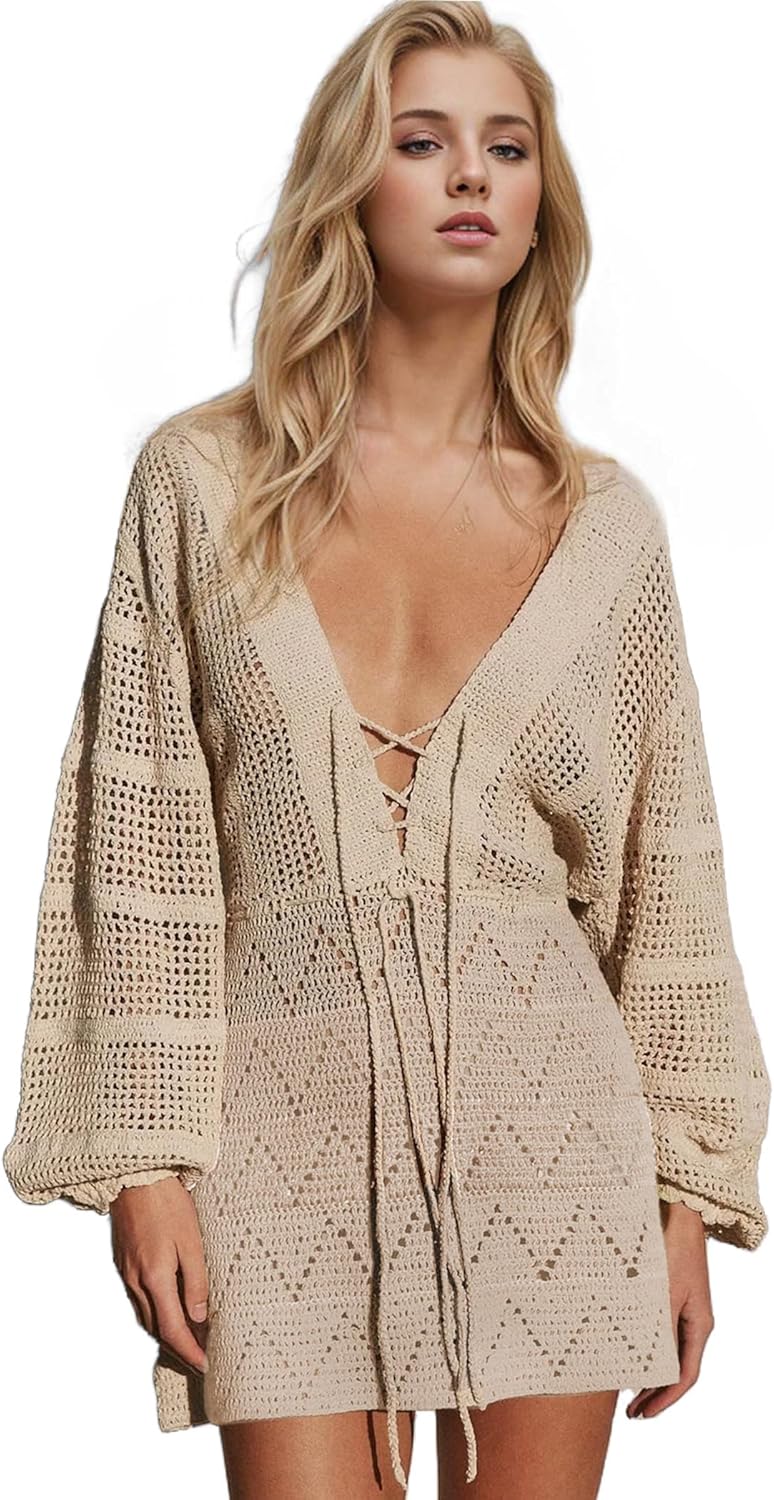 EDOLYNSA Crochet Swimsuit Coverup for Women Long Sleeve Knit Mini Beach Dress Bathing Suit Cover Up Cute Vacation Outfits