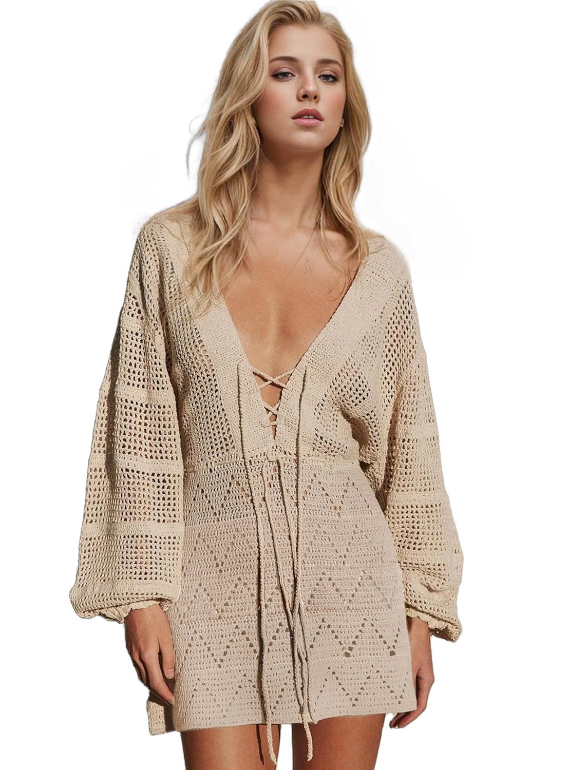 EDOLYNSA Crochet Swimsuit Coverup for Women Long Sleeve Knit Mini Beach Dress Bathing Suit Cover Up Cute Vacation