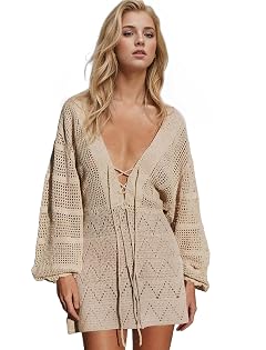 EDOLYNSA Crochet Swimsuit Coverup for Women Long Sleeve Knit Mini Beach Dress Bathing Suit Cover Up Cute Vacation