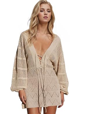 EDOLYNSA Crochet Swimsuit Coverup for Women Long Sleeve Knit Mini Beach Dress Bathing Suit Cover Up Cute Vacation