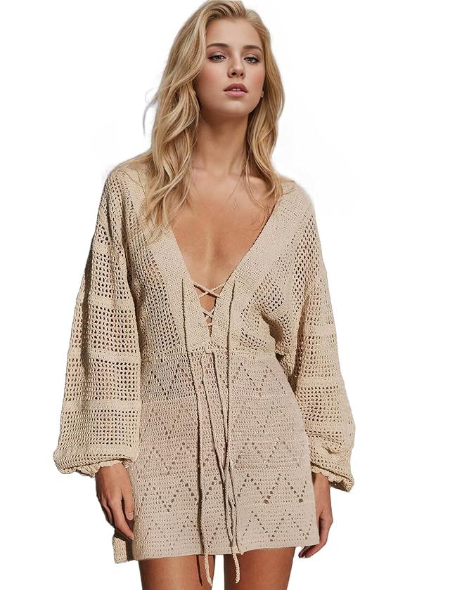 EDOLYNSA Crochet Swimsuit Coverup for Women Long Sleeve Knit Mini Beach Dress Bathing Suit Cover Up Cute Vacation