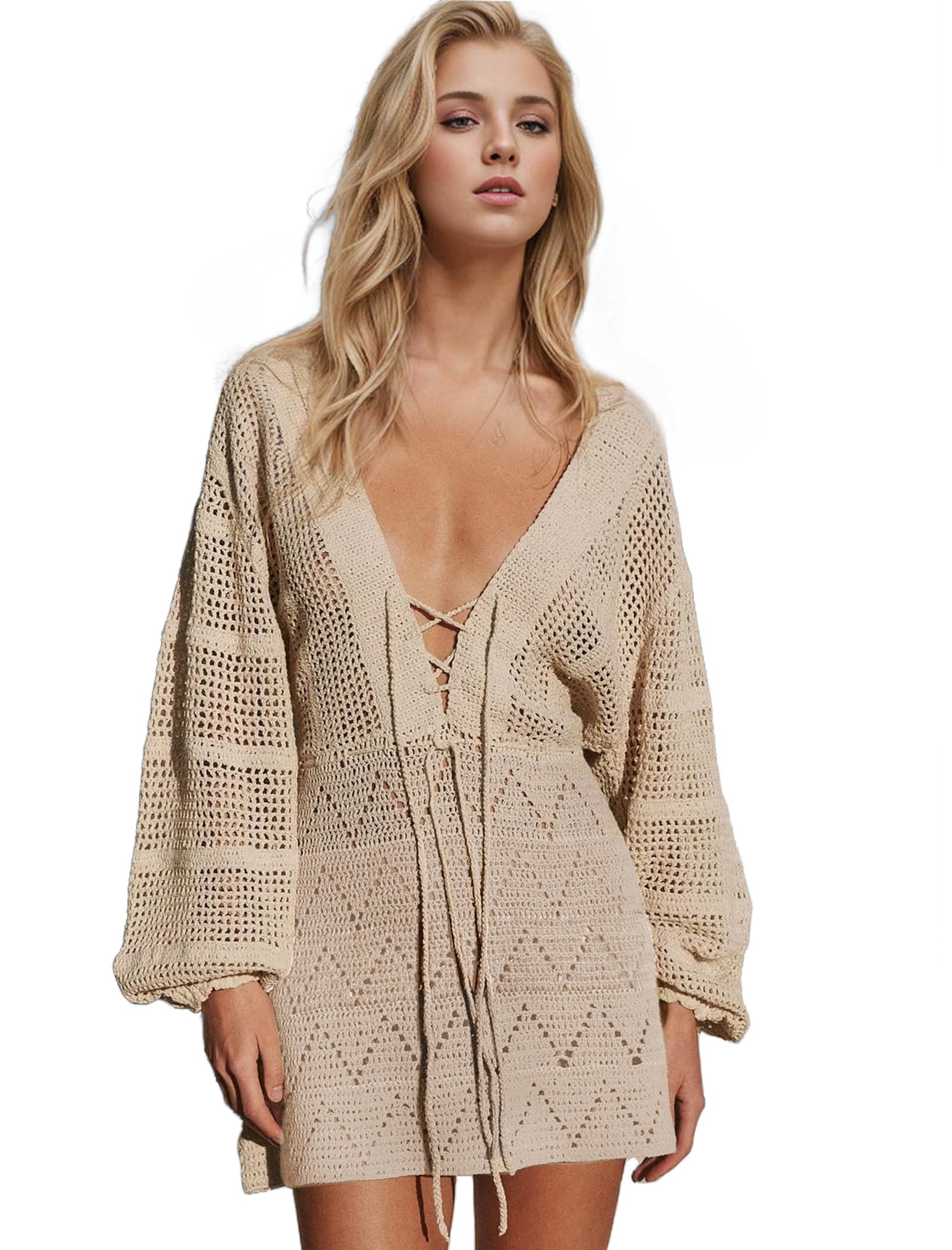 EDOLYNSA Crochet Swimsuit Coverup for Women Long Sleeve Knit Mini Beach Dress Bathing Suit Cover Up Cute Vacation