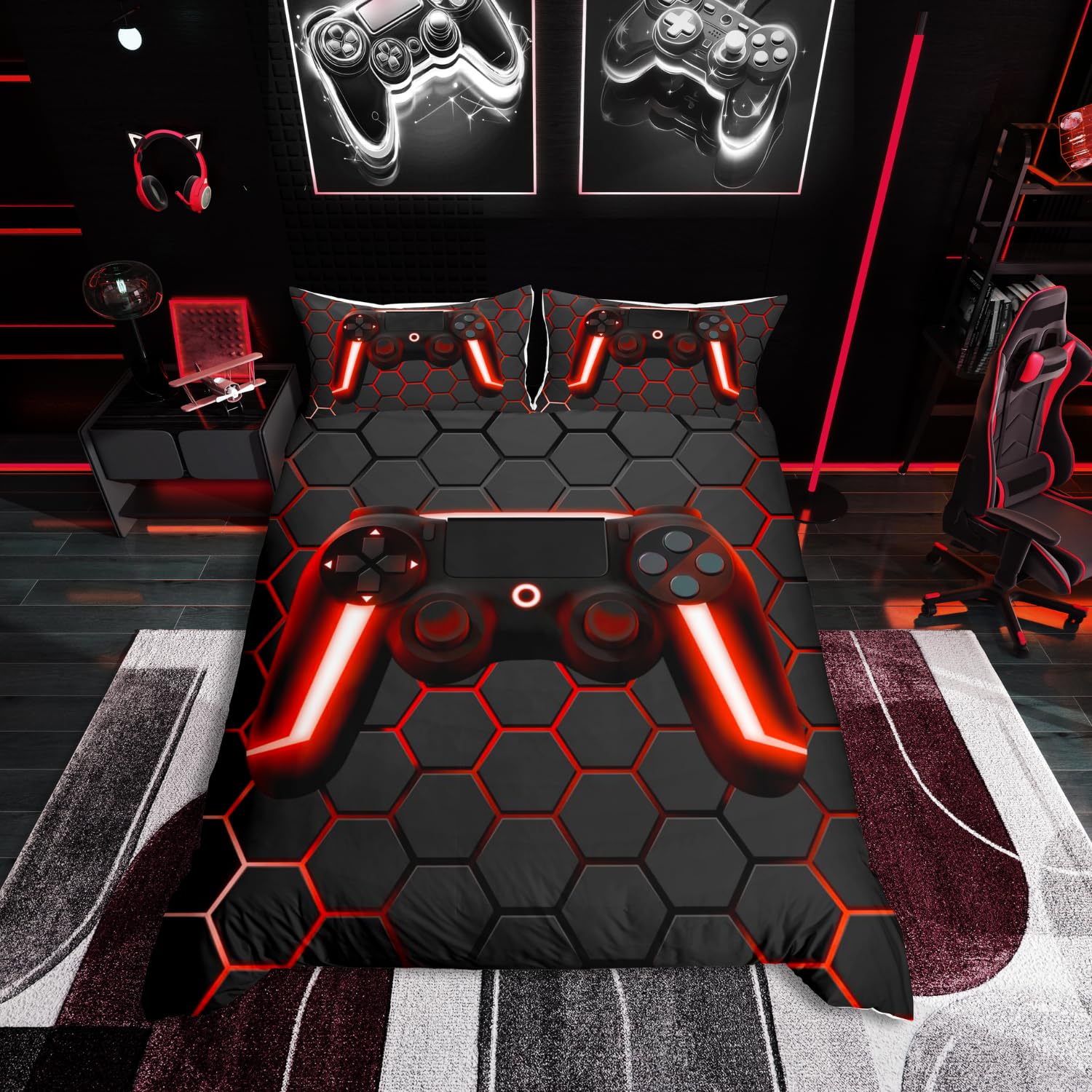 Homewish Kids Gaming Bedding Sets Geometric Gamepad Gamer Comforter Cover Honeycomb Hexagon Duvet Set For Boys Room Decor Beehive Neon Lights Bedspreads 3 Pcs King Size, Multi 18 โ image 1