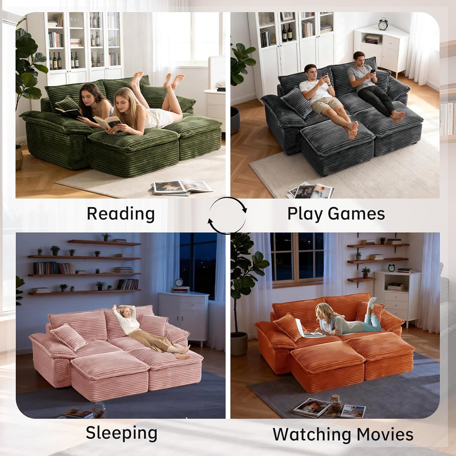 81'' Chaise Lounge Chair Indoor, Oversized Corduroy Upholstered Boneless Sofa Couch, Cloud-Like Loveseat Sofa Bed with 2 Ottomans for Living Room/Bedroom/Lounge(Pink)