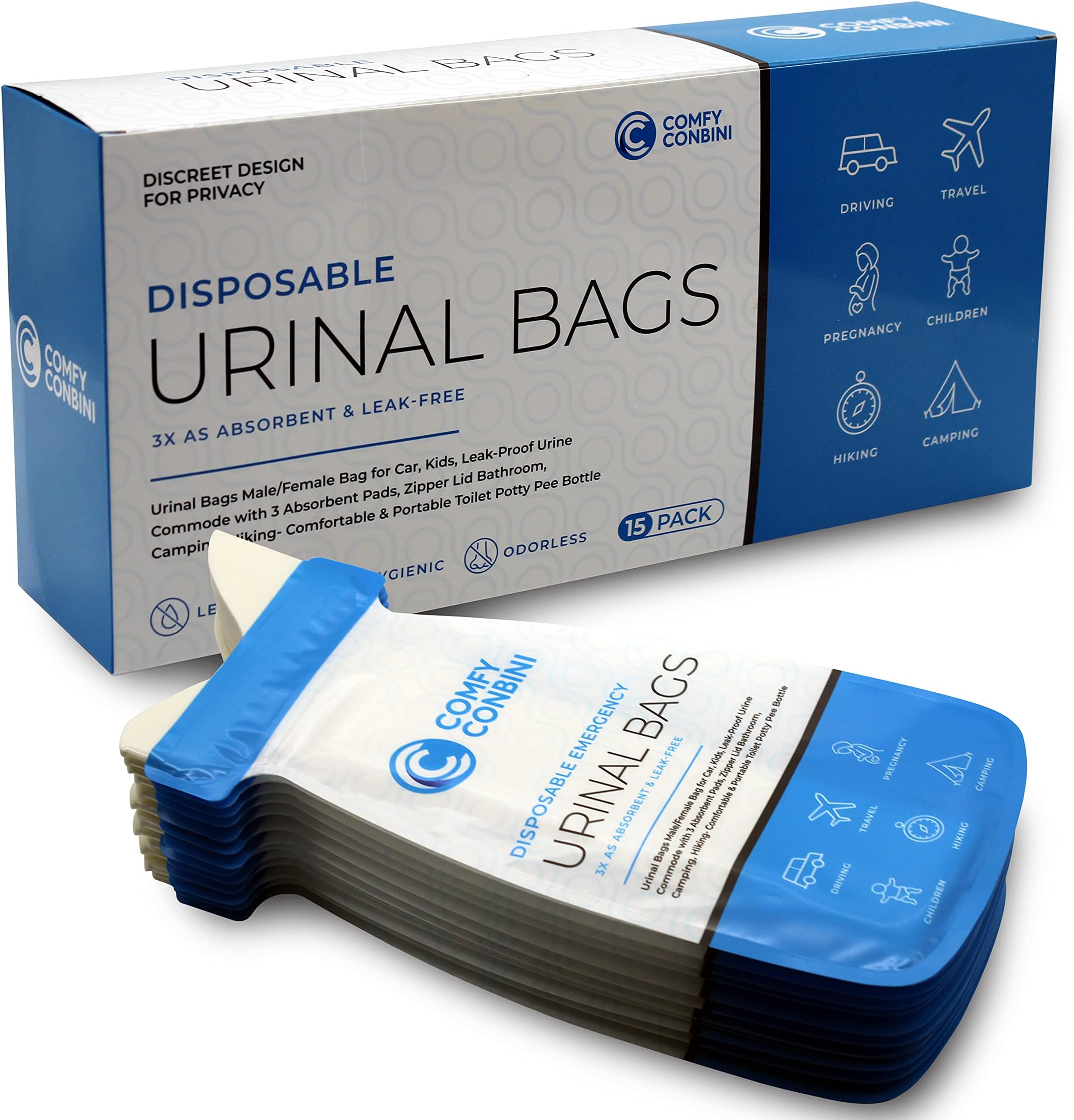 Urinal Bags Male/Female Bag for Car, Kids, Leak-Proof Urine Commode with 3 Absorbent Pads, Zipper Lid Bathroom, Camping, Hiking- Comfortable & Portable Toilet Potty Pee Bottle (16 packs)