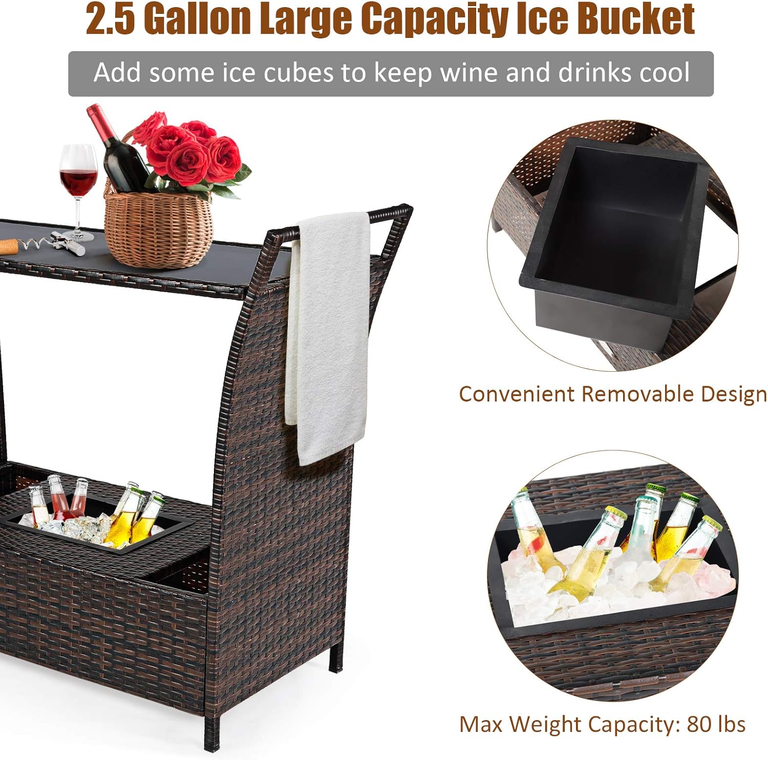 Tangkula Outdoor Wicker Bar Cart, Patio Wine Serving Cart w/Wheels & Removable Ice Bucket, Rolling Rattan Beverage Bar Counter Table w/Glass Top for Porch Backyard Garden Poolside Party, Mix Brown