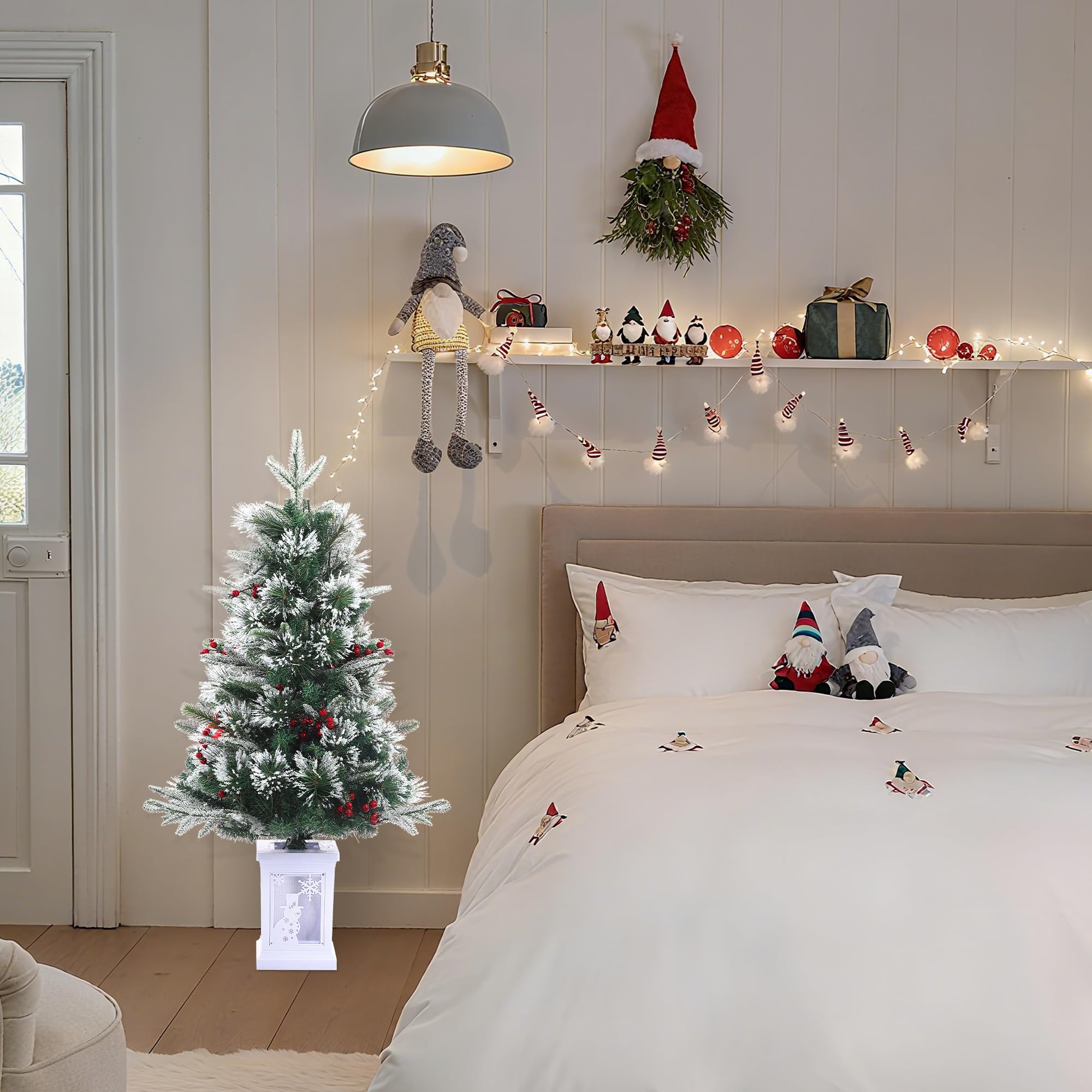 GarveeLife Kunst Weihnachtsbaum, Vorbeleuchtet, 78 LEDs – Weihnachtsdeko | Schneeflocken-Standfuß, 8 Lichtmodi – Für Zuhause, Büro, Eingang, Party, Weiß, 2er-Set