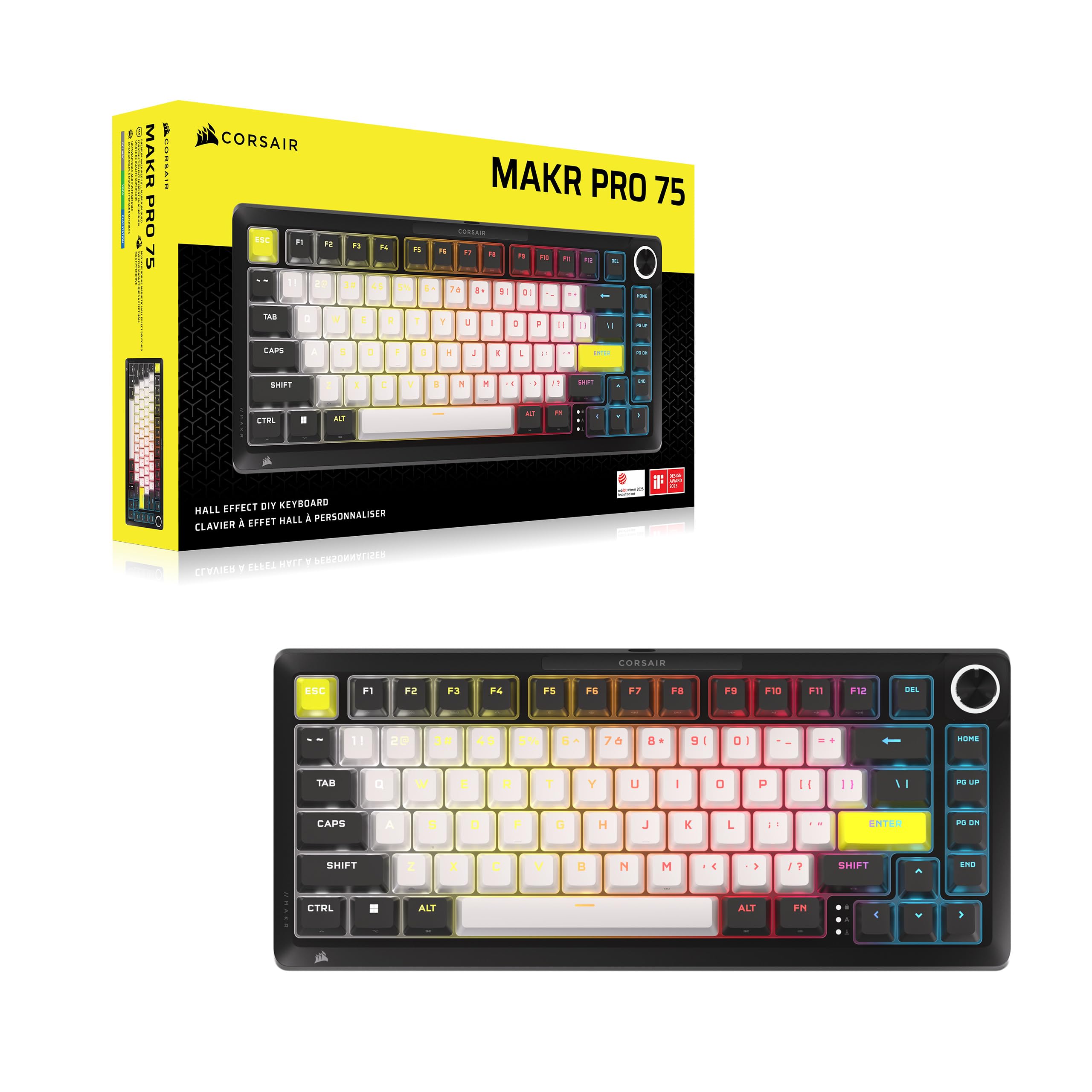 Corsair MAKR PRO 75 Hall Effect Tastiera meccanica magnetica da gioco fai da te cablata - Layout al 75%, switch MGX Hyperdrive, doppio controllo, grilletto rapido, SOCD FlashTap, 8.000 Hz, USA