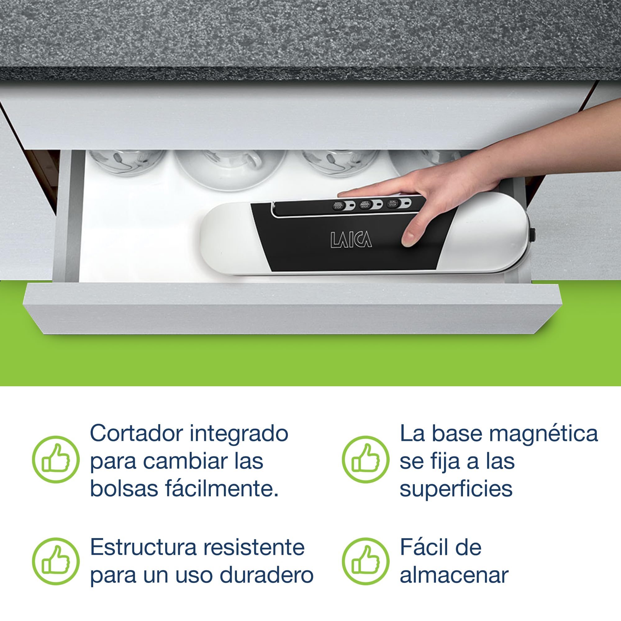 Termoselladora de bolsas y envasadora de alimentos al vacío LAICA VT3205 con bolsas adicionales - Diseño compacto y fácil de almacenar | Diseño compacto, base magnética para nevera, vacío parcial, hasta 5 veces la vida útil de alimentos cocinados y fresco