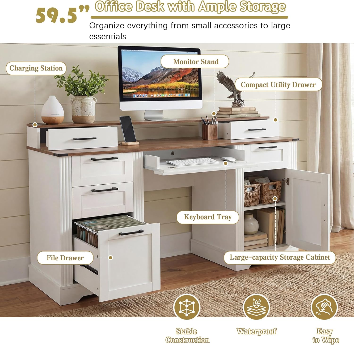 59.5" Farmhouse Office Desk with Charging Station & Storage Cabinet, Barn Door Design Home Office Study Desk with File Drawer, Monitor Stand & Keyboard Tray for Office, Study, White
