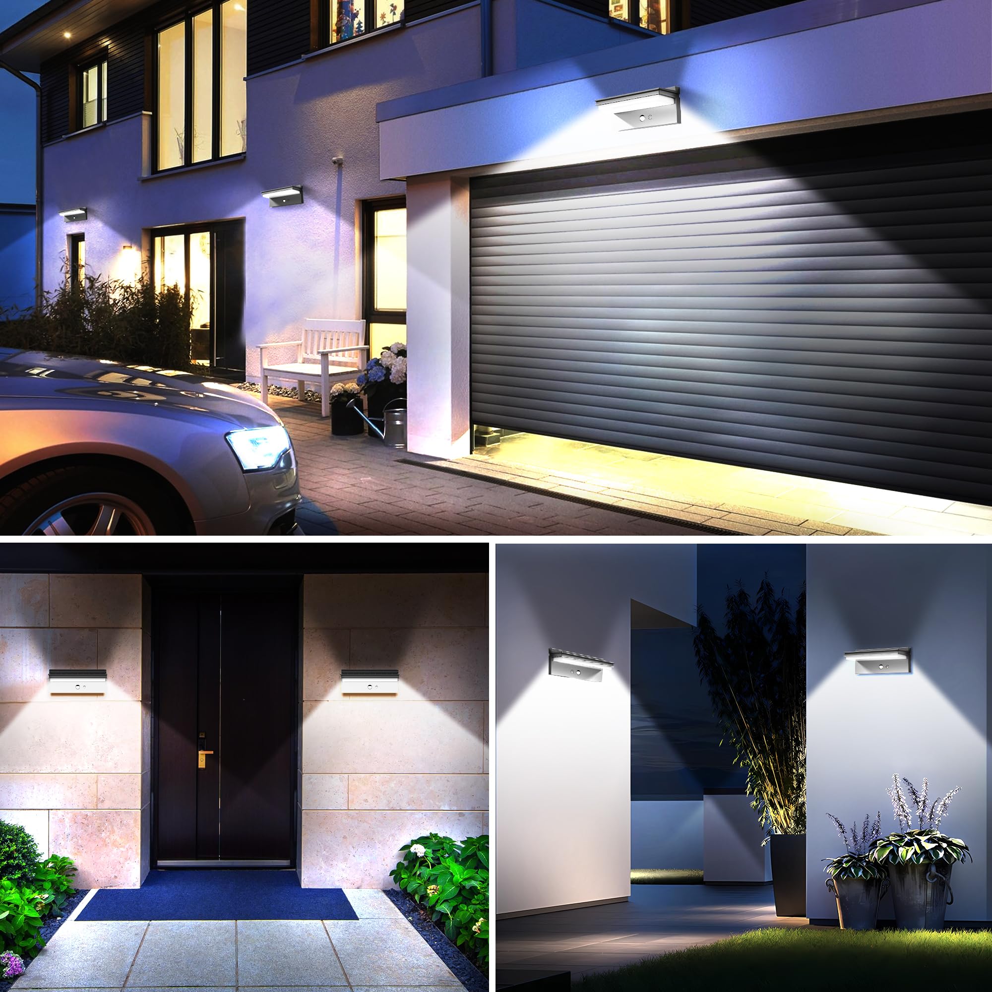 Solarlampen für Außen mit Bewegungsmelder 2 Stück, Kaltweiß | 6500K, IP65 Wasserdicht,1500LM, 4 Betriebsmodi für Garten, Garage, Vordach, Terrasse und Hof
