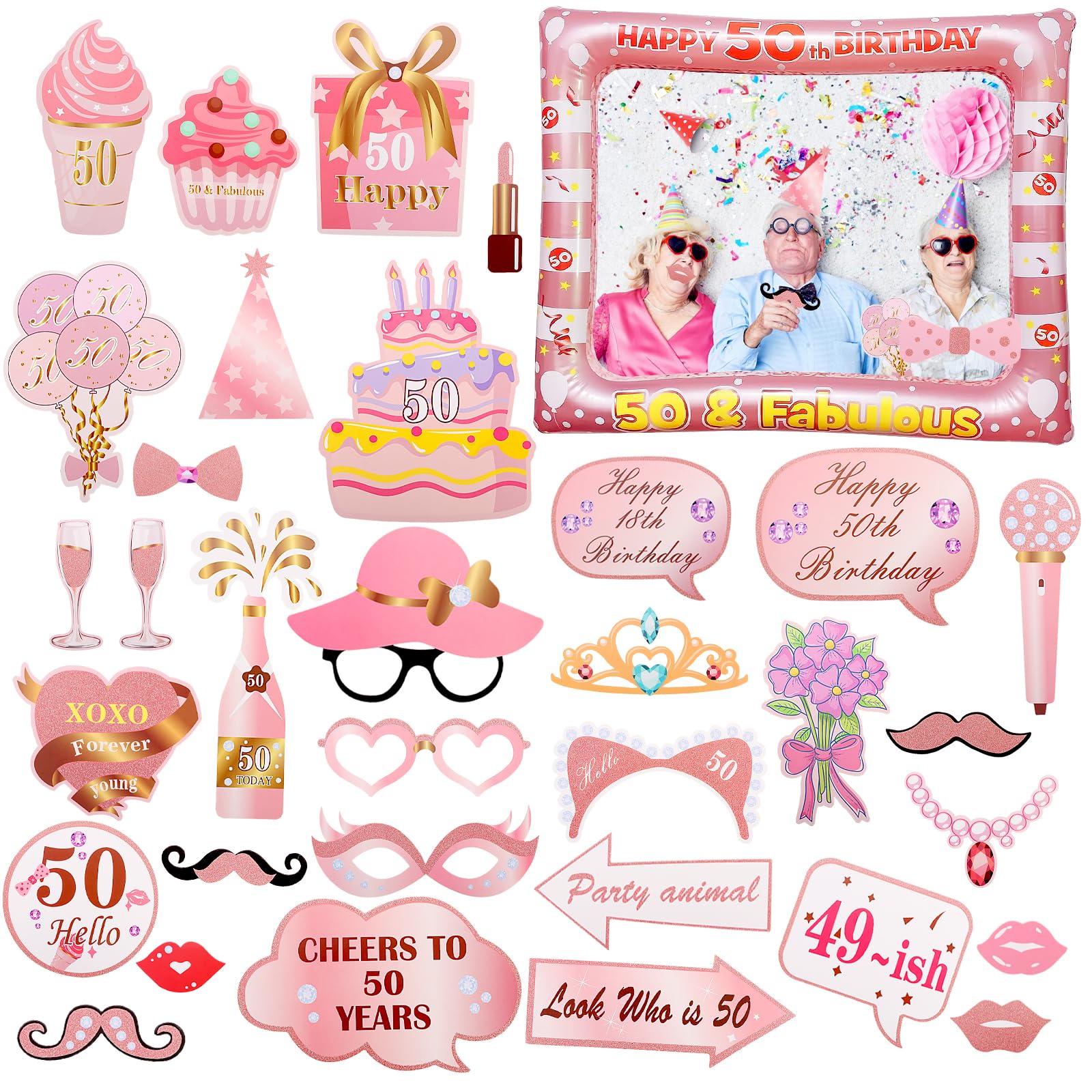 50th Birthday Photo Booth Props, Rose Gold Birthday Decorations for Women, Giant Inflatable Selfie Frame, 33PCS Birthday Party Photo Props for 50th Birthday Party Decorations and Gifts