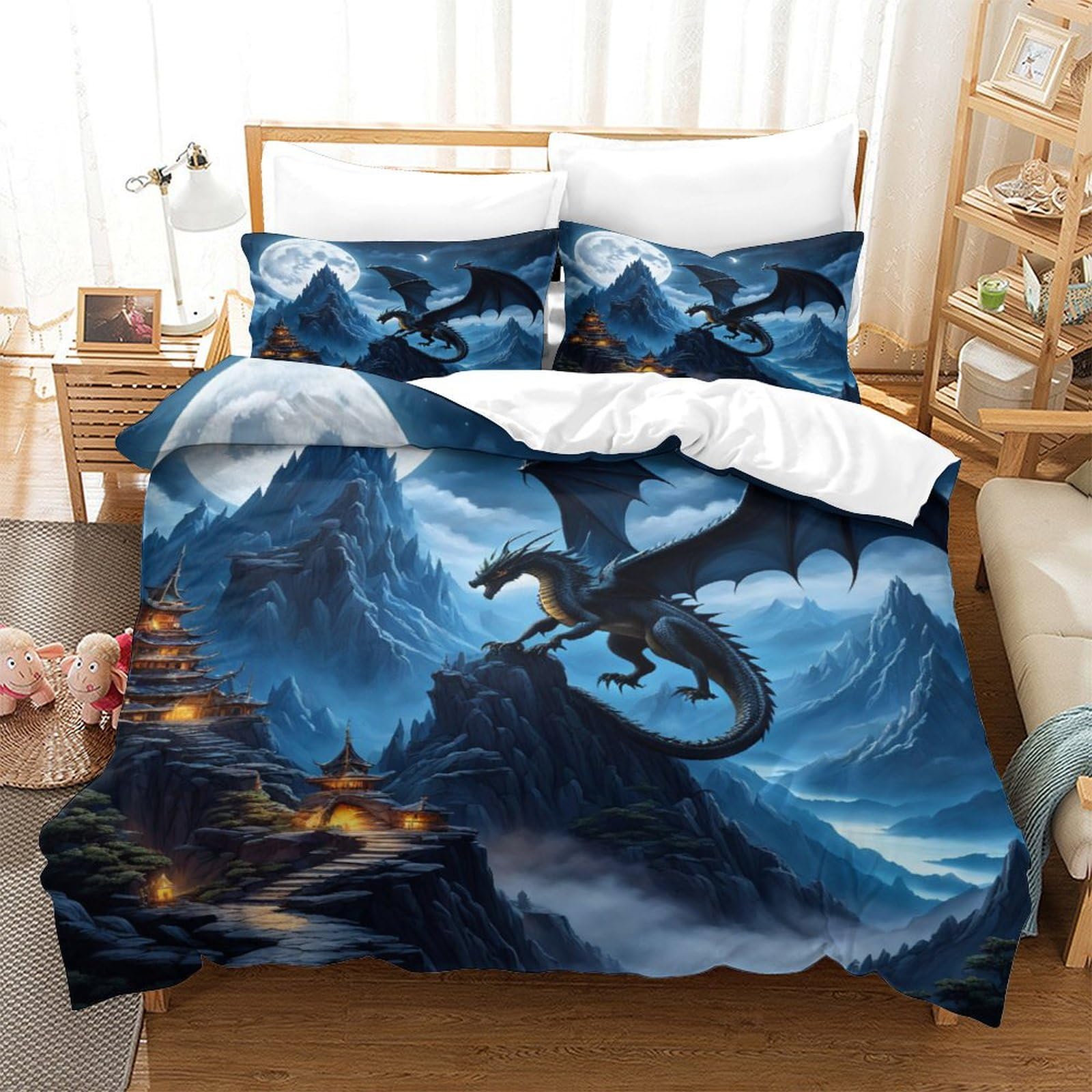 TNFHSOFT Flying Dragon Bedding Duvet Cover Set Soft Microfiber Kids Boys Girls Aldult Bedding Set 3d Printe Quilt Cover Set with Zipper Closure with Pillwocase King（220x240cm）
