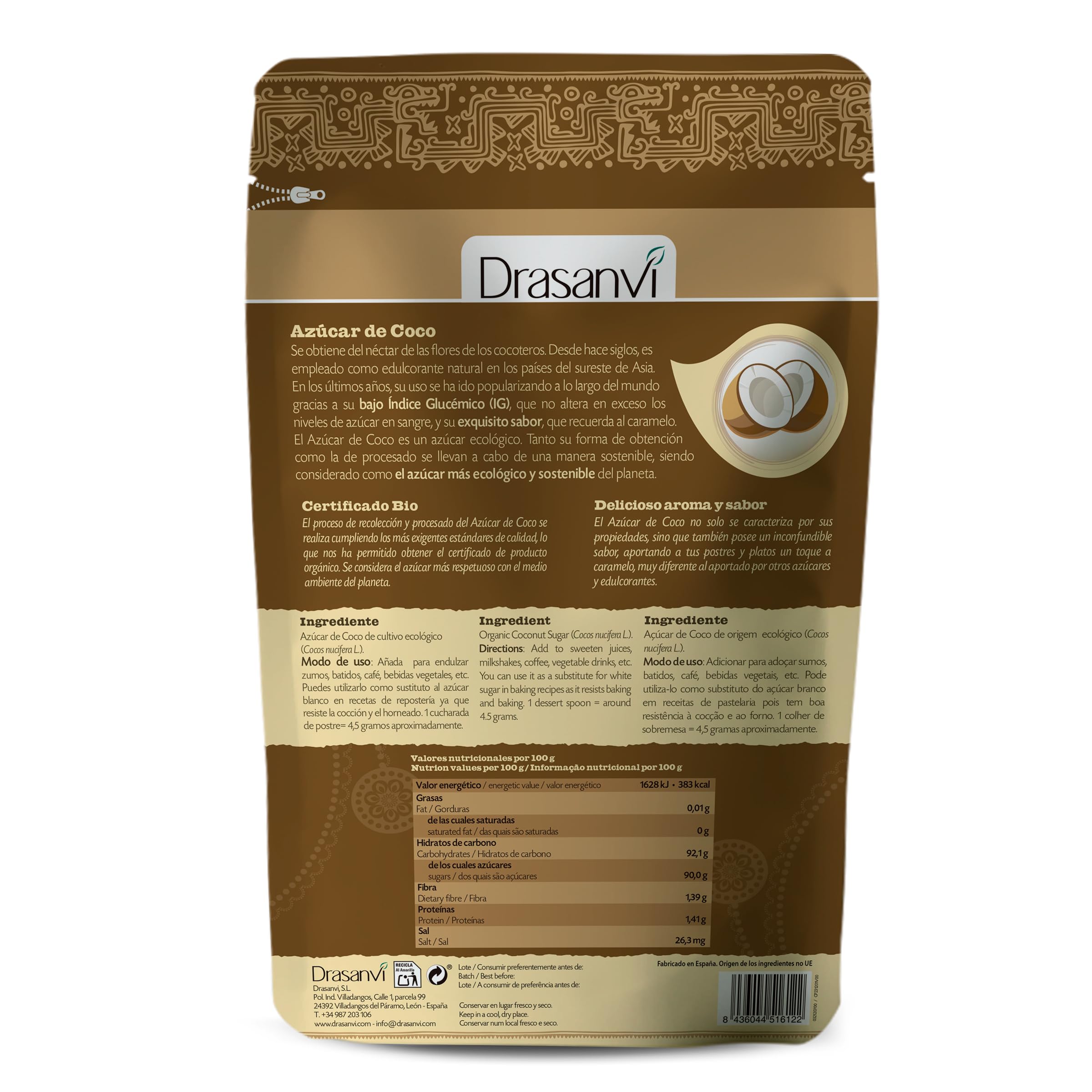 DRASANVI SUPERALIMENTO AZÚCAR DE COCO CERTIFICADO BIO - Bajo Índice Glucémico - 300g