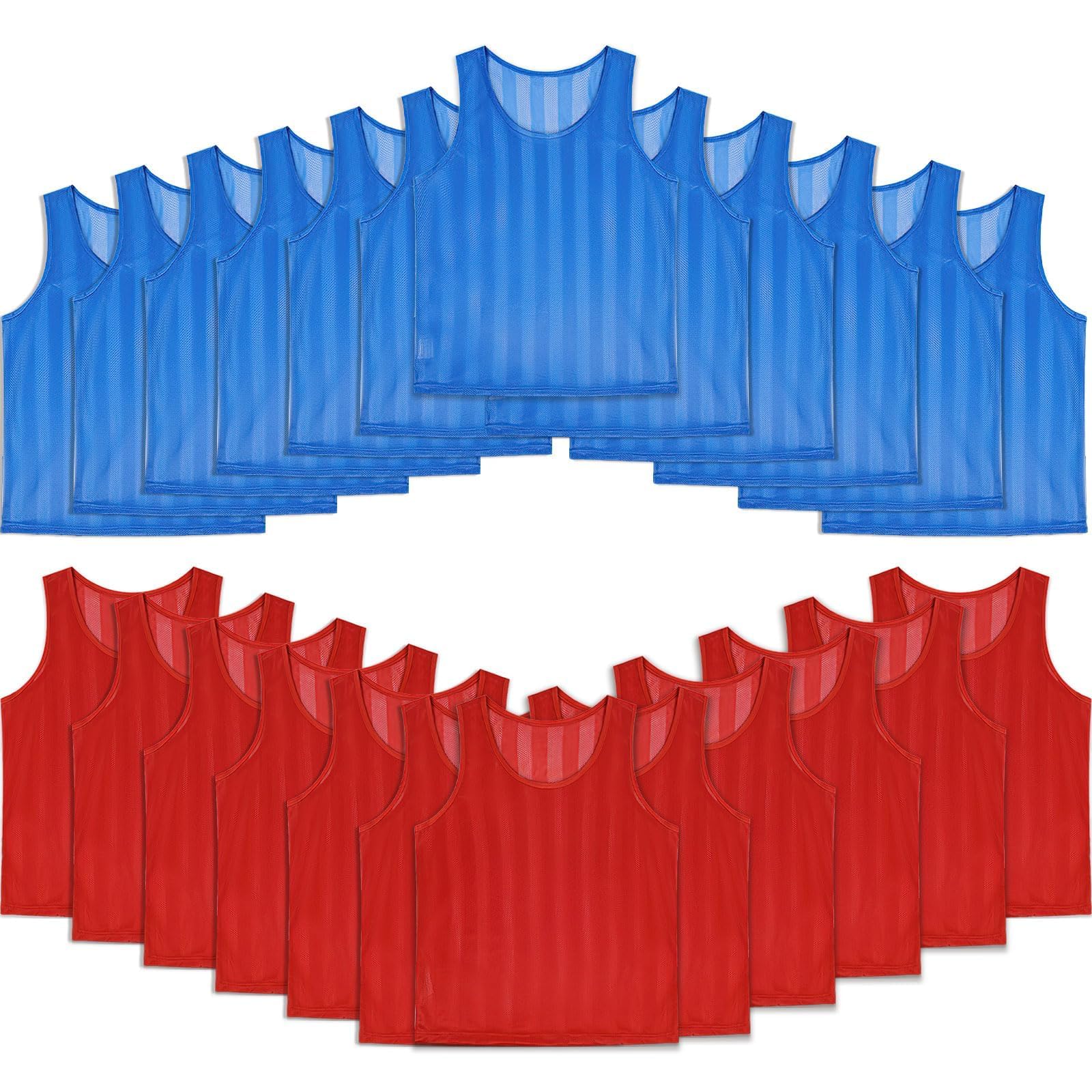 Lot de 24 Gilets Chasubles d’Entraînement en Maille Respirante，Maillots Universels Adultes et Juniors，Dossards Numérotés Rouge & Bleu pour Football, Basketball, Rugby