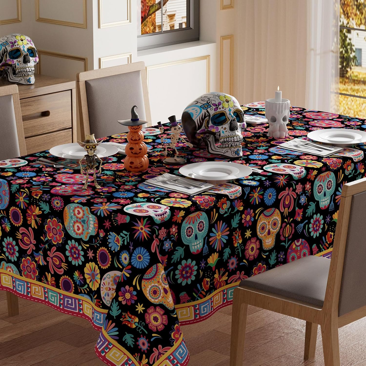 XCHI Colorful Sugar Skull Marigolds Flowers Dia De Los Muertos Tablecloth Rectangle Washable Day of The Dead Mexican Table Covers for Indoor Outdoor Dining Home Party Decorations 60x104 Inch 104" x 60" (Rectangular)