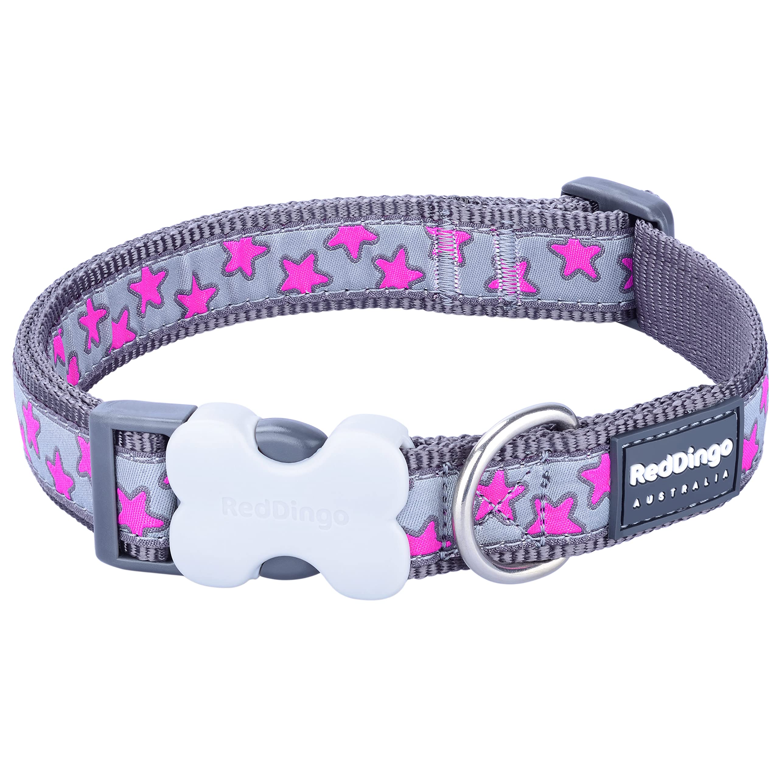 Red Dingo Bucklebone - Collare Per Cani, Motivo A Stelle Rosa Acceso Su Grigio, Misura Media, 20 Mm-image