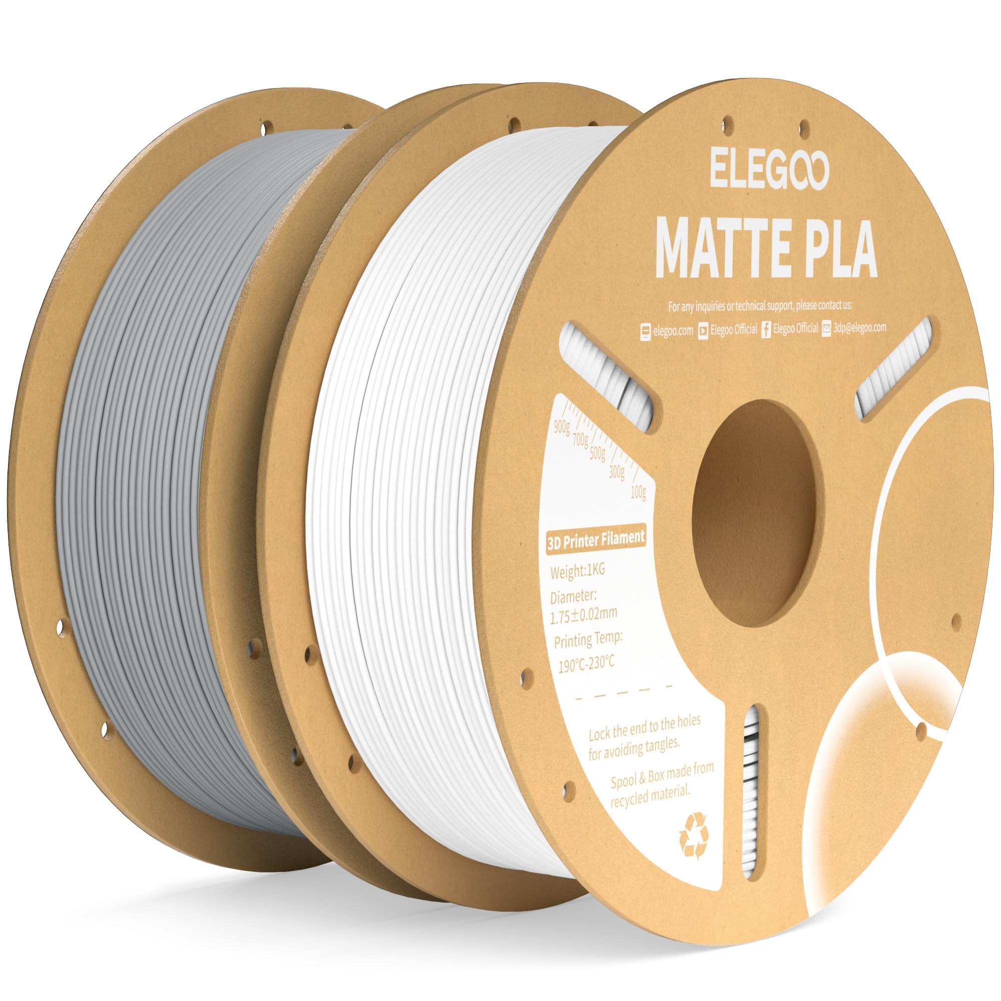 ELEGOO Matte PLA Filament White & Slate Gray 2KG, 1.75mm 3D Printer Filament Dimensional Accuracy +/- 0.02mm, 2pcs 1kg Carboard Spool (2.2lbs) for