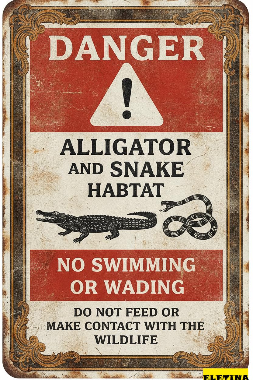 Alligator Snake Habitat Warning Tin Sign, 12x8 Inch