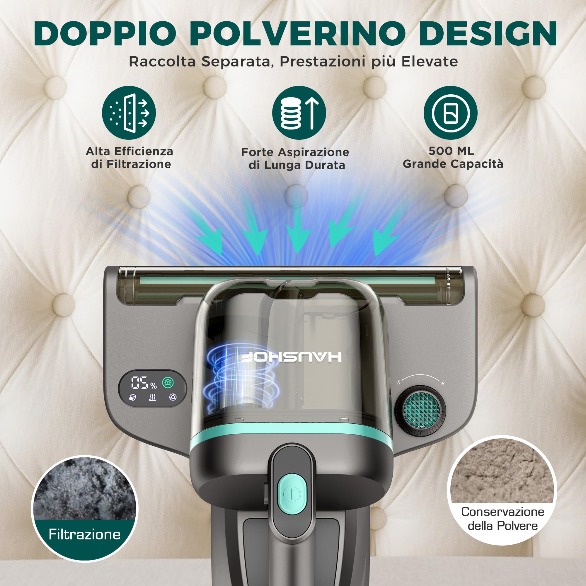 HAUSHOF Aspiratore per Materassi con 275 nm Luce UV-C, Battimaterasso Antiacaro con 60 ℃ Aria Calda, HEPA Filtro, Aromaterapia, 400 W Motore, Doppio Contenitore, Aspiratore Portatile per Letto, Divano