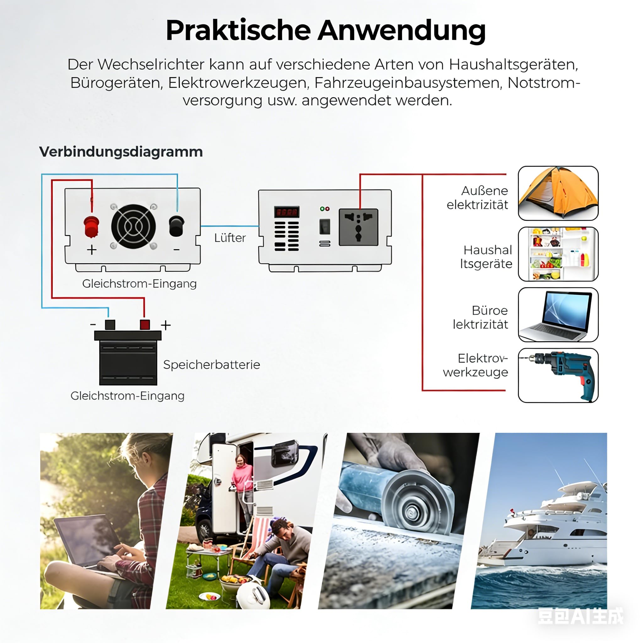 Falownik 300 W 12 V DC do 230 V AC – moc szczytowa 600 W, czysta fala sinusoidalna, inteligentne chłodzenie, wiele funkcji ochronnych