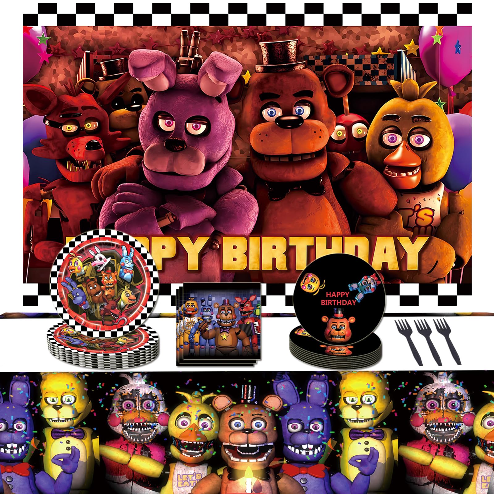 52 Pcs Game Birthday Decorations,Included Backdrop,Tablecloth,Paper Napkins,7“ & 9" Plates,Forks, Movie Theme Set for Boy and Girl Birthday Party Supplies