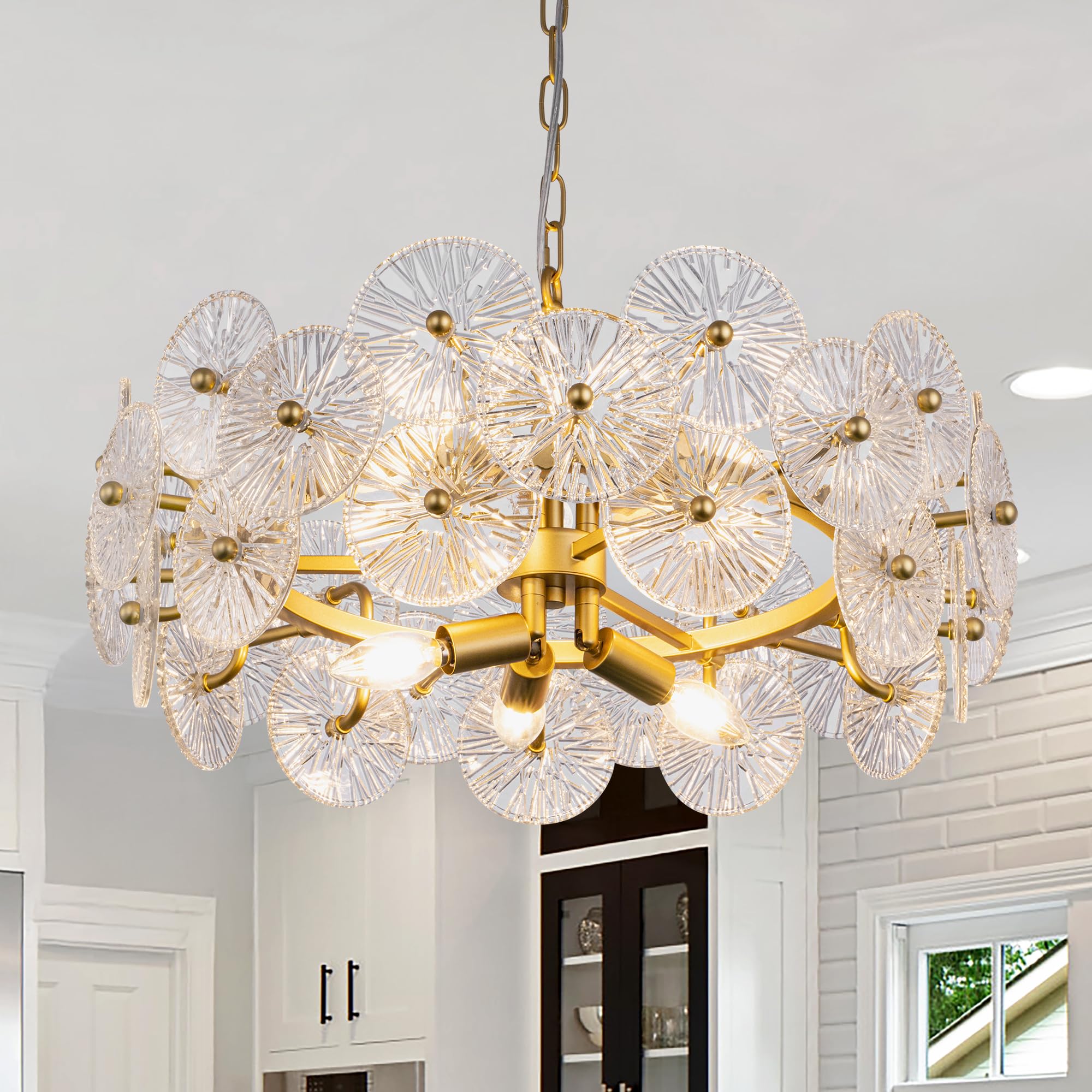 Photo 1 of TOCHIC Gold Glass Chandelier 24" W Round Drum Light Fixture for Dining Room