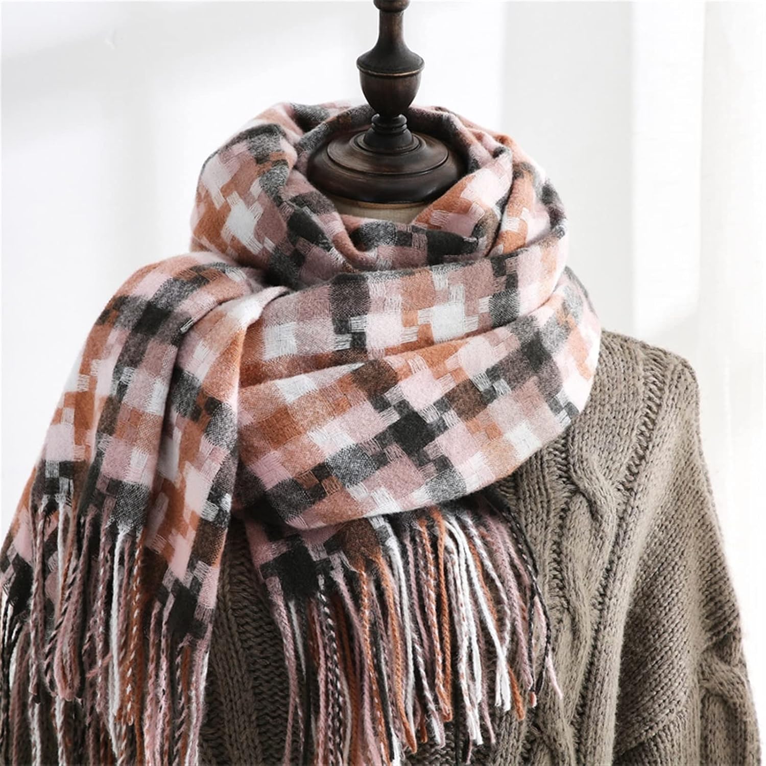 (of Long Hair) Trail Over One's Shoulders Women Winter Scarves Female Mosaic Faux Cashmere Plaid Scarf Fashion Ladies Autumn Shawl Dual-use Plaid Scarf Shawls(D63)
