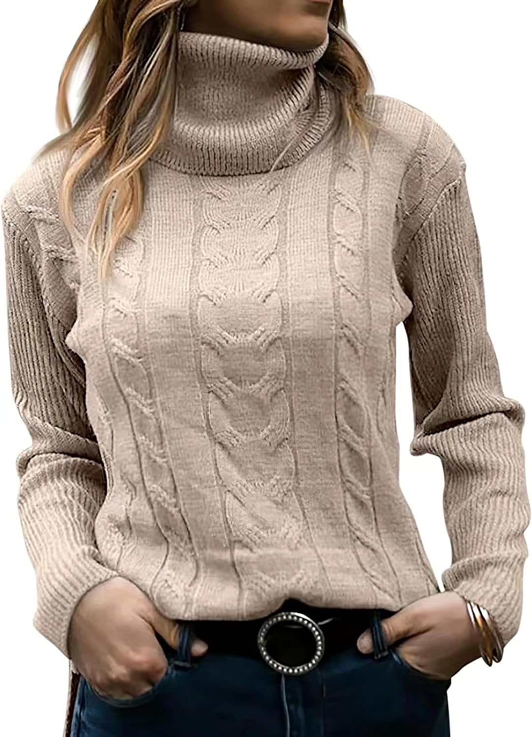 MARSVOVO Womens Turtleneck Sweaters Long Sleeve Oversized Tunic Sweater Loose Cable Knit Pullover Sweater Casual Daily Tops - Image 2