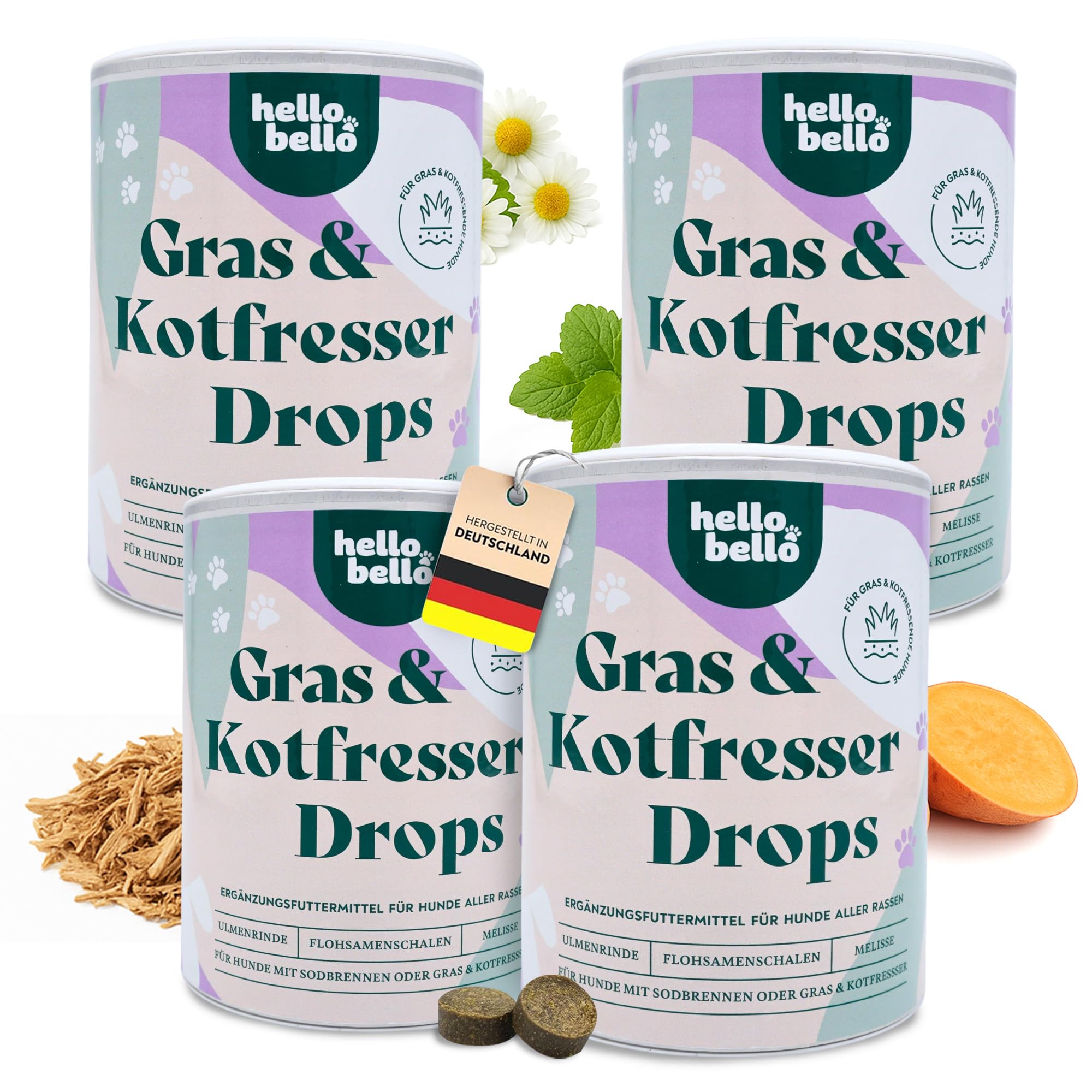 HELLOBELLO Kaltgepresste Ulmenrinde Gras- und Kotfresser Drops Hund 4x350g | Bei Sodbrennen - mit Ulmenrinde, Kamille, Melisse & Flohsamen