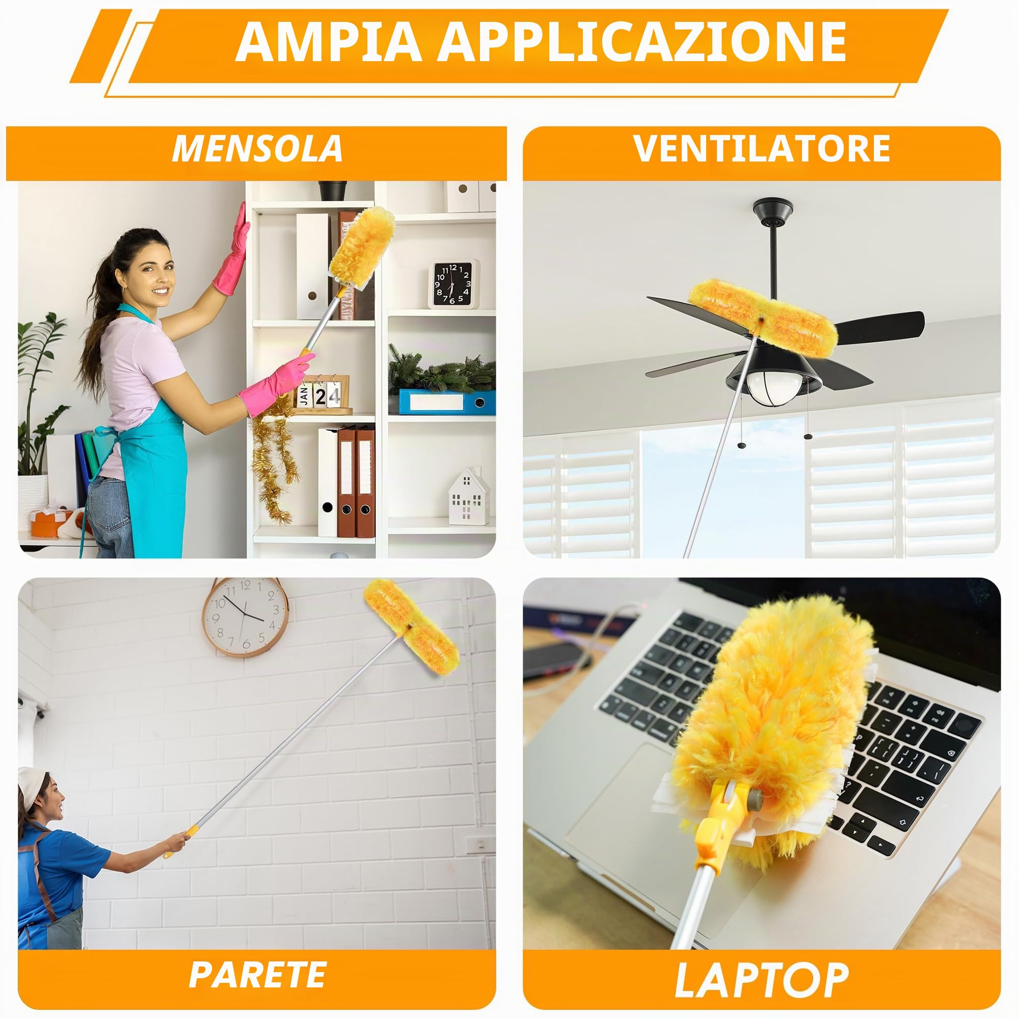 NEWE Duster Piumini Catturapolvere per Swiffer, 20 Piumini e 1 Alluminio Manici Telescopici 167.5 cm, 360 Gradi Cattura e Intrappola Polvere e Sporco con 5X Microfibre