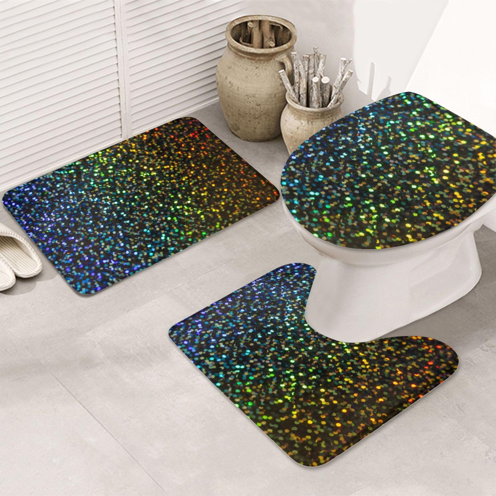 OUSIKA Set di 3 tappetini da bagno con sfondo arcobaleno glitterato stampato, tappetino per contorno, tappetino assorbente, copriwater per il bagno